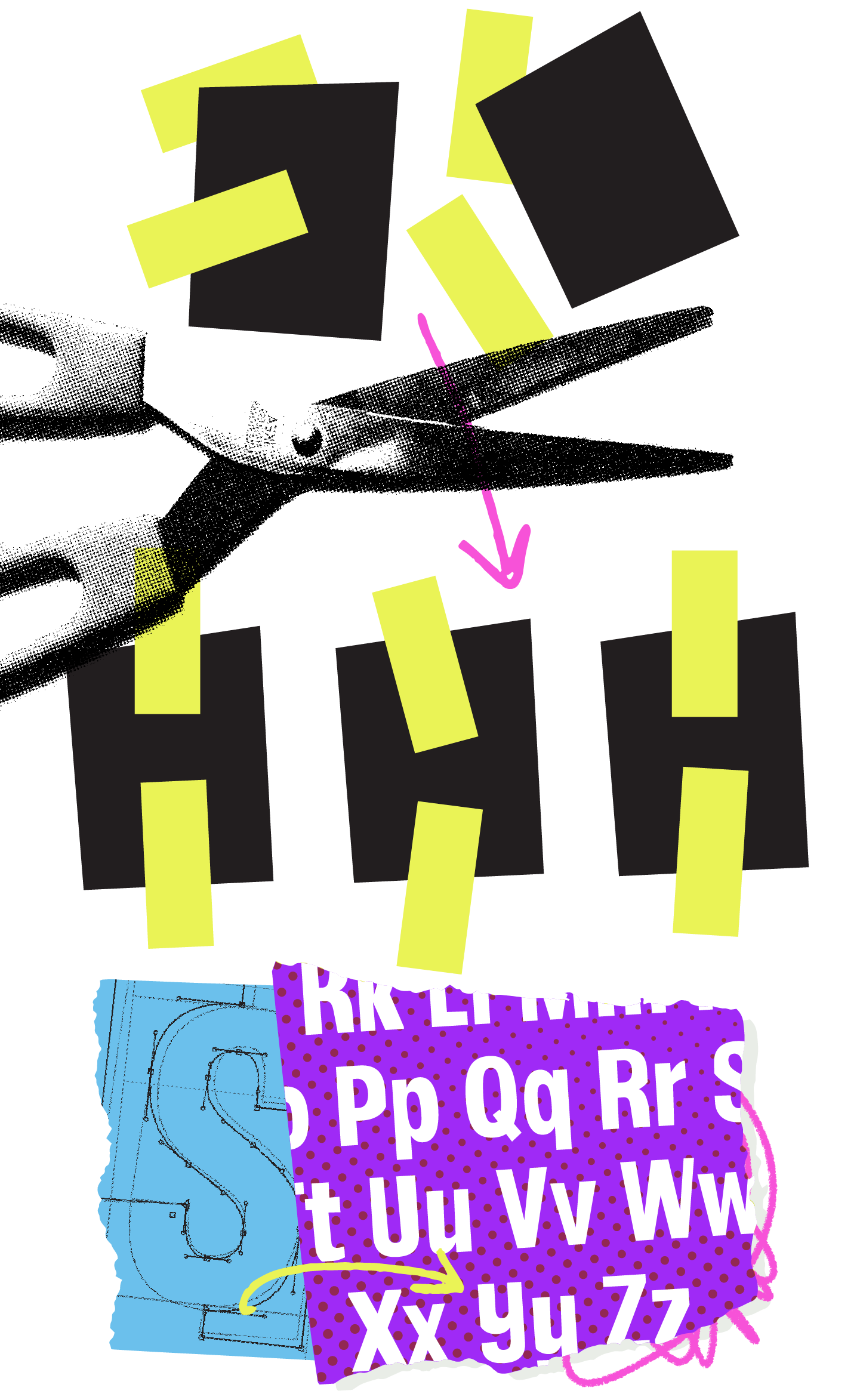 <b class="accent">FIG. 9 — </b> Top: We imagined Savannah as if it were cut out from construction paper, which informed our technical production process. Bottom, Blue: A process screenshot. Purple: Completed Savannah alphabet.