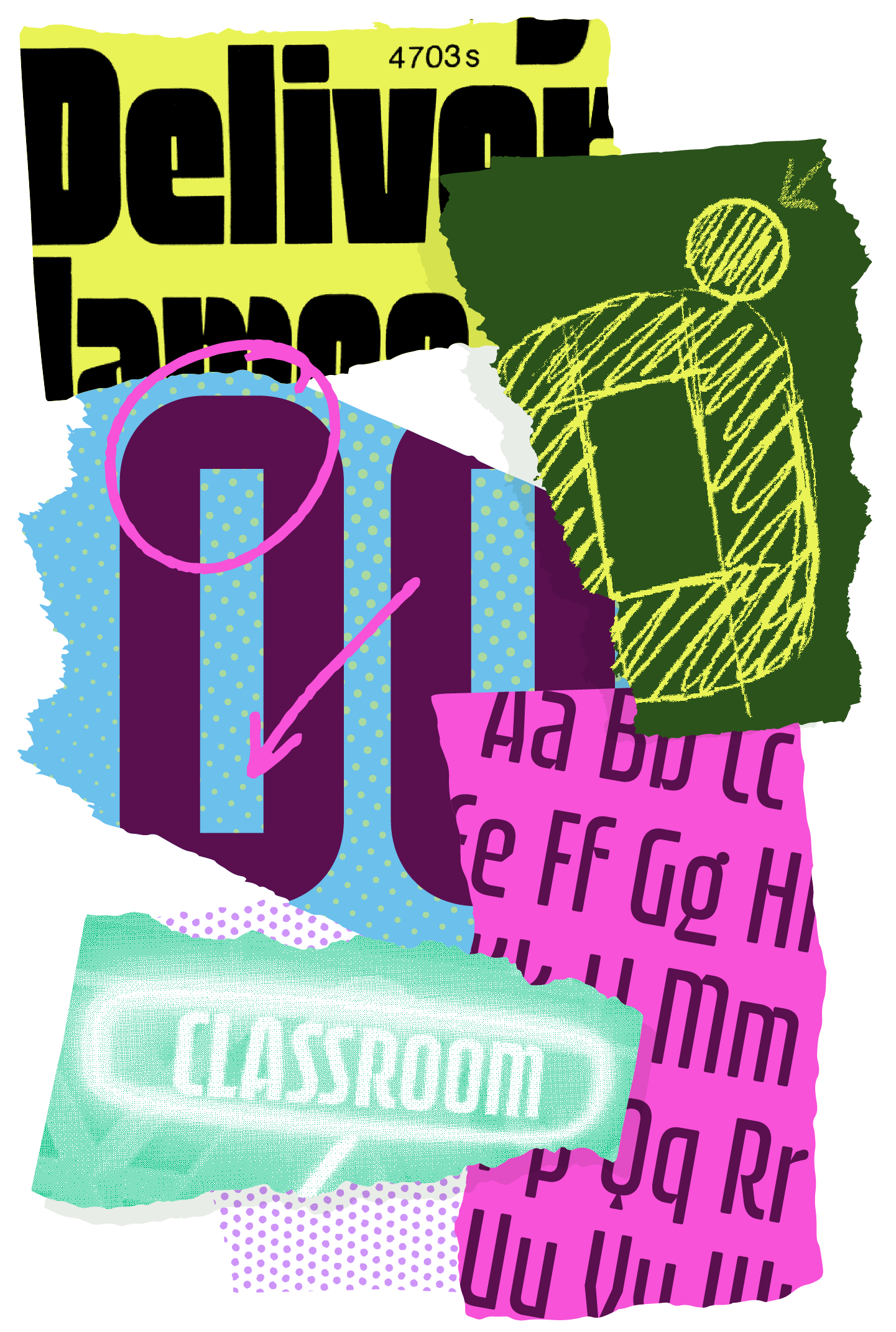 <b class="accent">FIG. 10 — </b> Top (lime green): Neil Bold, designed by Wayne Stettler in 1966, as dry-transfer lettering — one of our early pieces of inspiration for Arundo. Dark green: Riley’s early sketch showing tension between inner and outer shapes, and a perfectly round ear for the “g.” Blue: Dave’s drawings for “O” and “Q” with that inner/outer tension. Green: Arundo in-game as a glowy neon sign. Bottom (magenta): Completed Arundo alphabet.