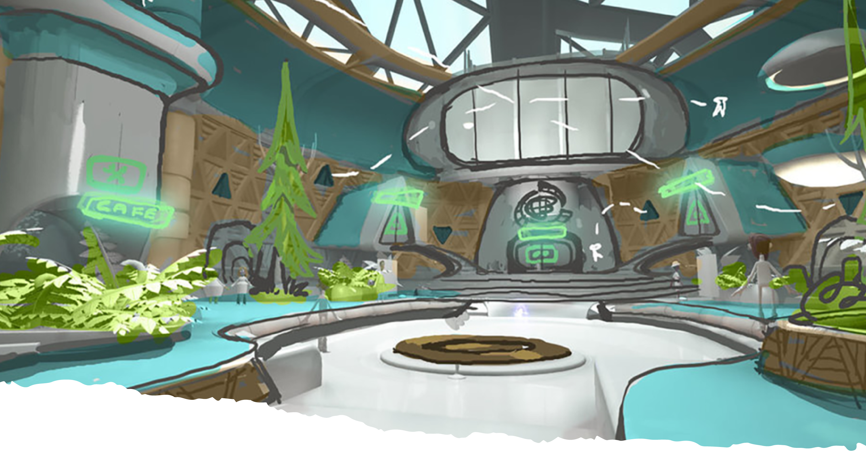 <b class="accent">FIG. 4 — </b> Early concept art by Levi Ryken, Geoff Soulis, Lisette Titre-Montgomery, and Nathan "Bagel" Stapley on the Psychonauts 2 creative team, provided to Lettermatic as inspiration.