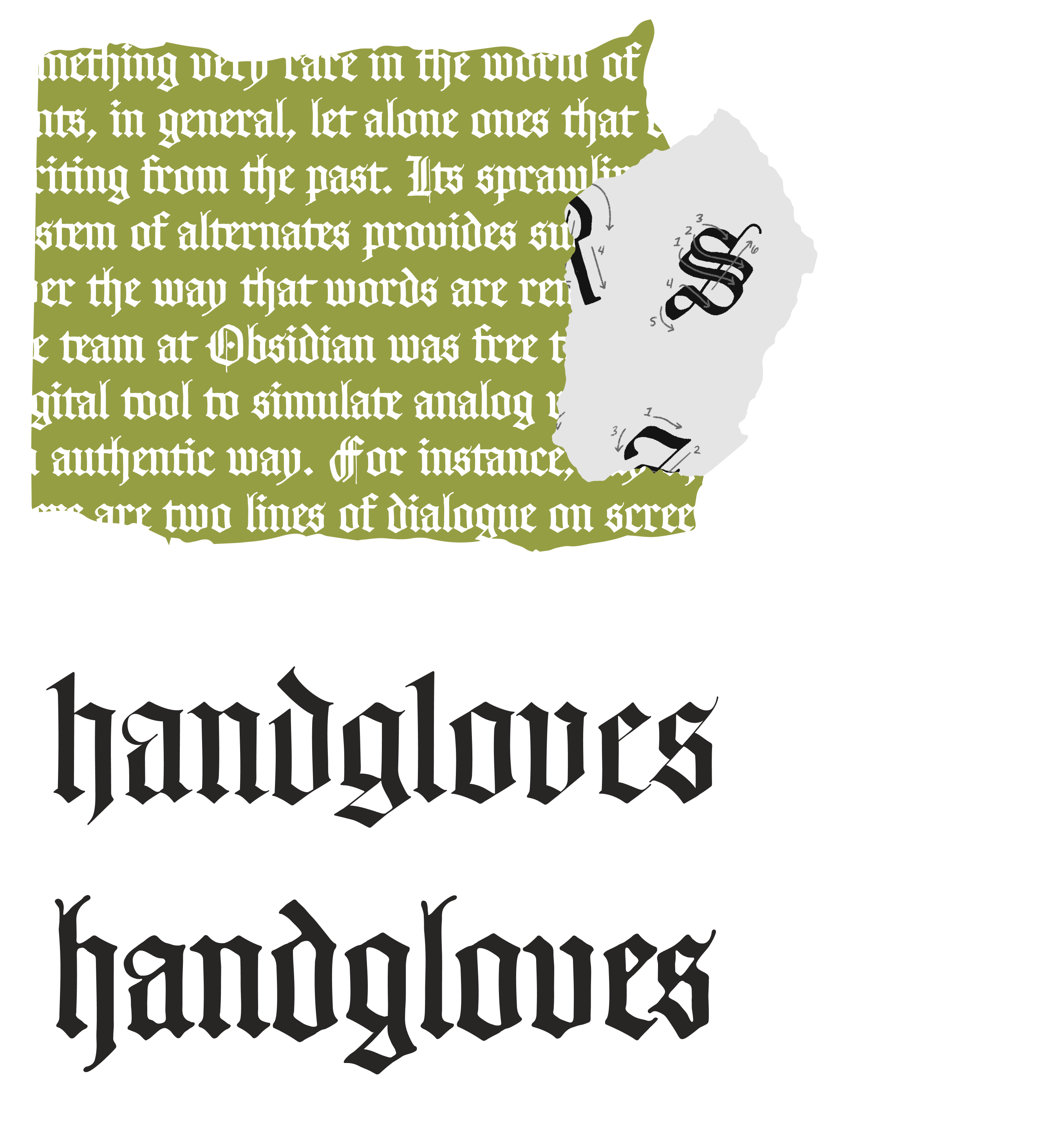 <b class="accent">FIG. 12 — </b> Top left: Monastic Script in-use. Top right: The ductus diagrams for Monastic Script created by Lettermatic. Bottom: Comparison of the precise and crisp first draft of Monastic Script (top) and the final design with ink-bleed and overlap effects (bottom).