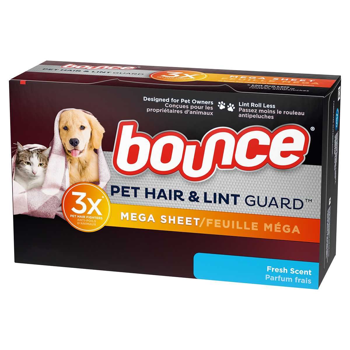 Bounce Pet Hair and Lint Guard Mega Dryer Sheets with 3X Pet Hair Fighters