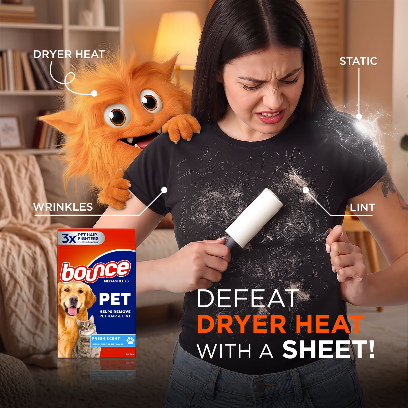 Bounce Pet Hair Dryer Sheets: Brush it off with Bounce.