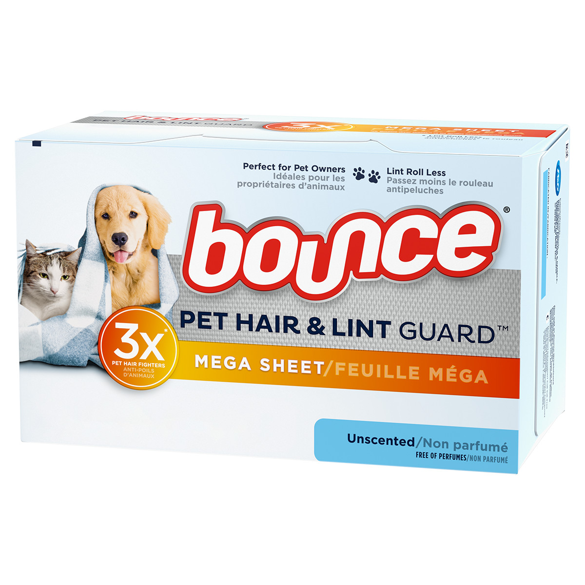 Bounce Pet Hair and Lint Guard Mega Dryer Sheets with 3X Pet Hair Fighters, Unscented