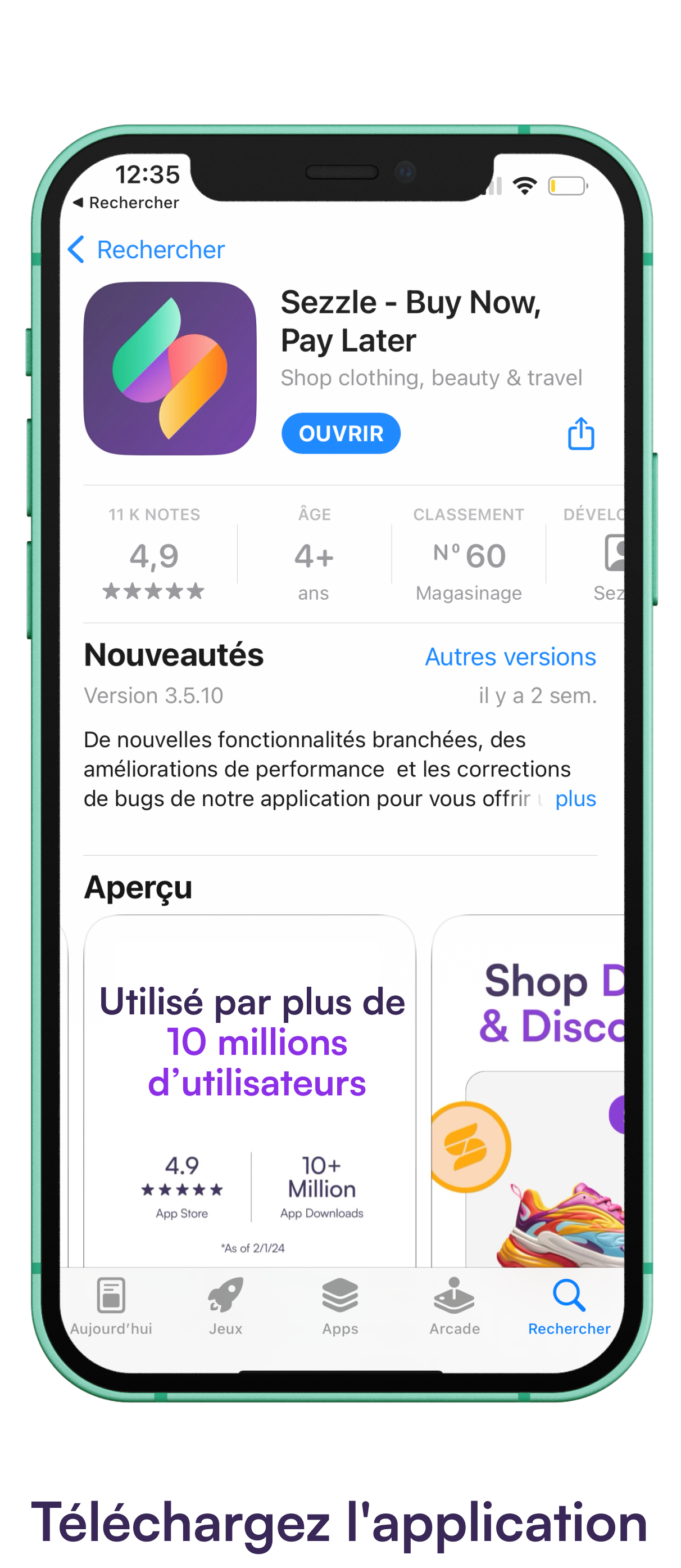 Écran du téléphone affichant l’application Sezzle répertoriée dans l’App Store.