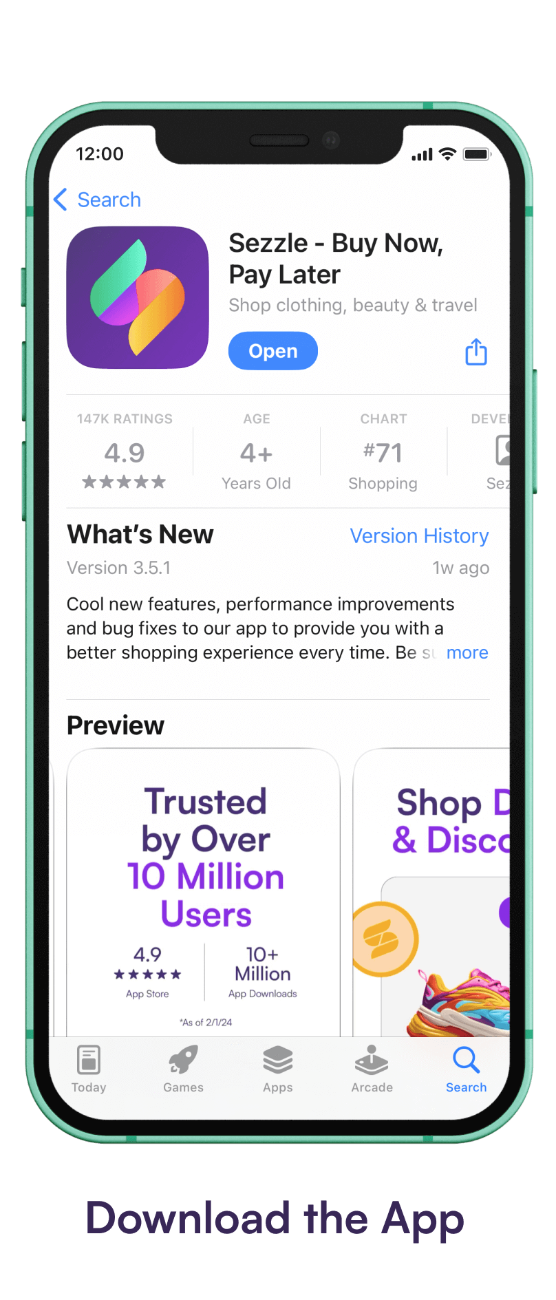 Phone screen showing the Sezzle app listed in the App Store.