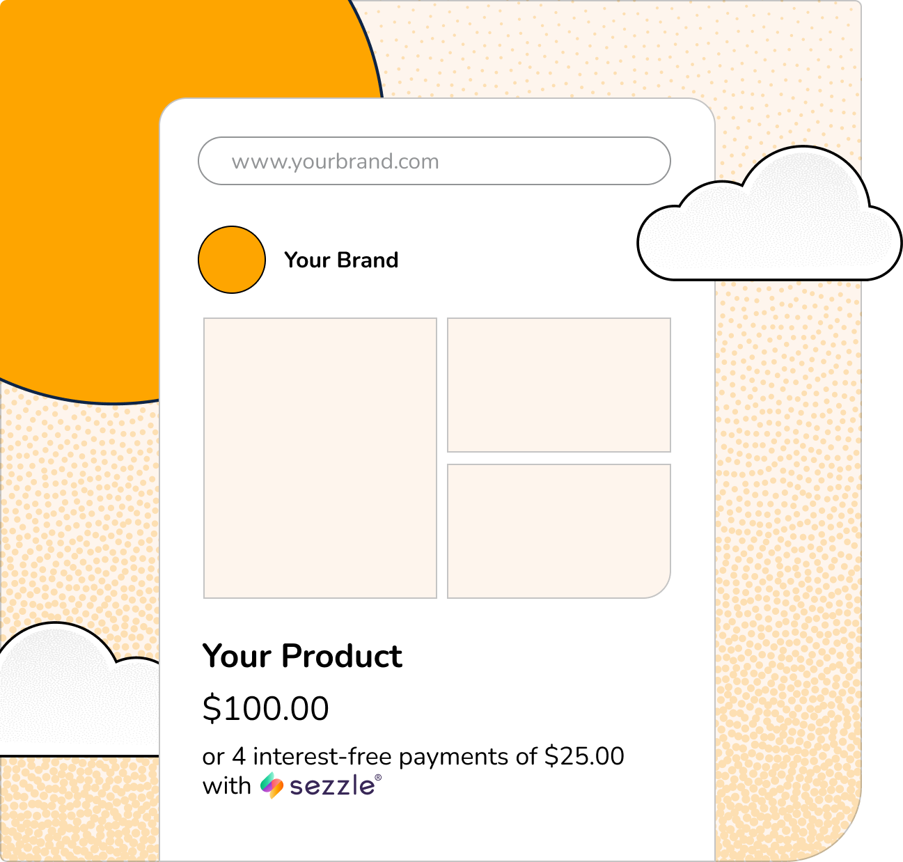 Mockup of a merchant's website with the Sezzle widget displaying the price breakdown for Pay in 4, for a $100 order it would be four interest-free payments of $25 each