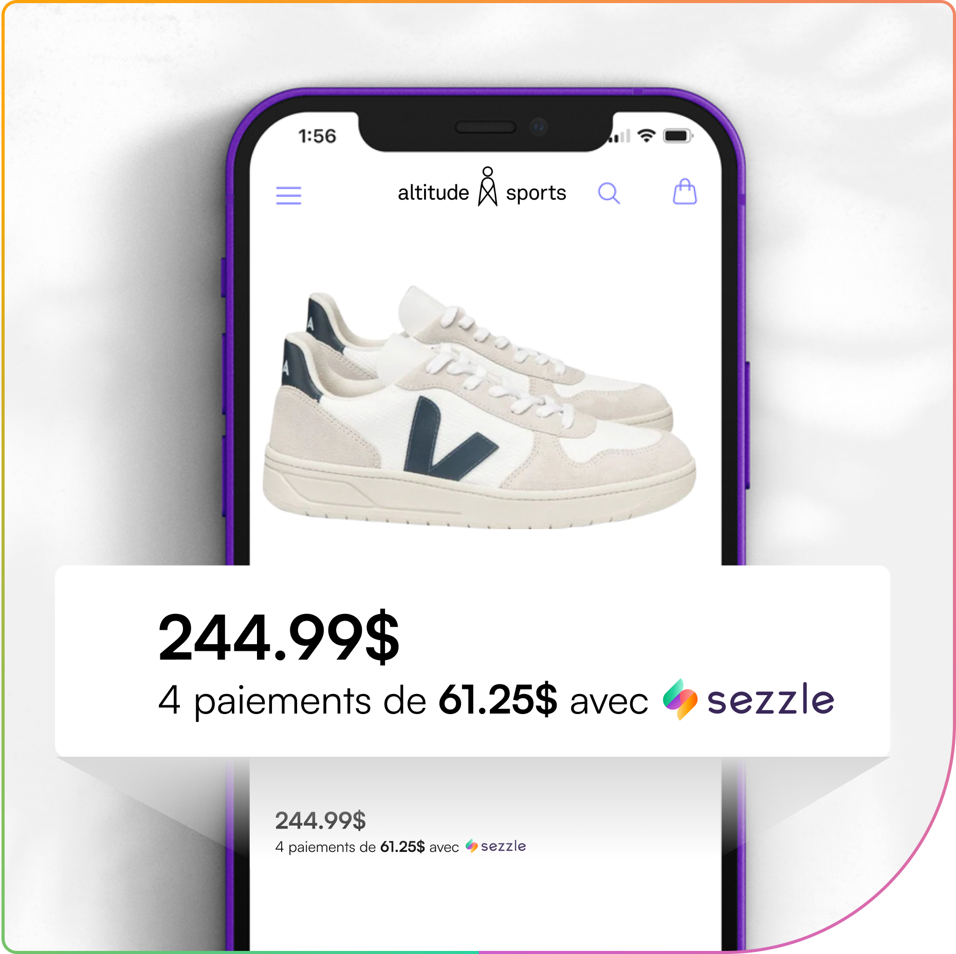 Mockup of a merchant's website with the Sezzle widget displaying the price breakdown for Pay in 4, for a $100 order it would be four interest-free payments of $25 each