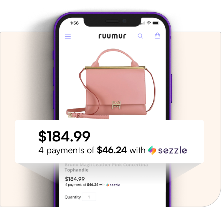 Mockup of a merchant's website with the Sezzle widget displaying the price breakdown for Pay in 4, for a $100 order it would be four interest-free payments of $25 each