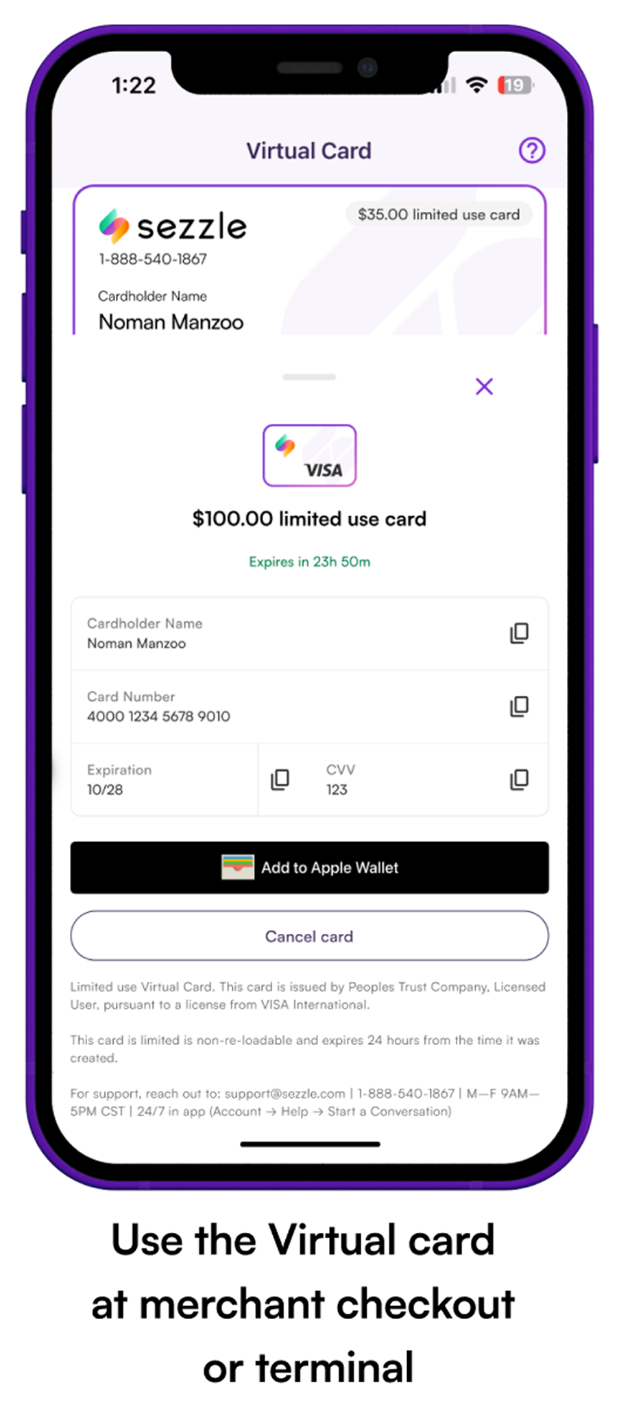 Phone screen showing the approved requested purchase amount. "Use the Virtual Card at merchant checkout or terminal"