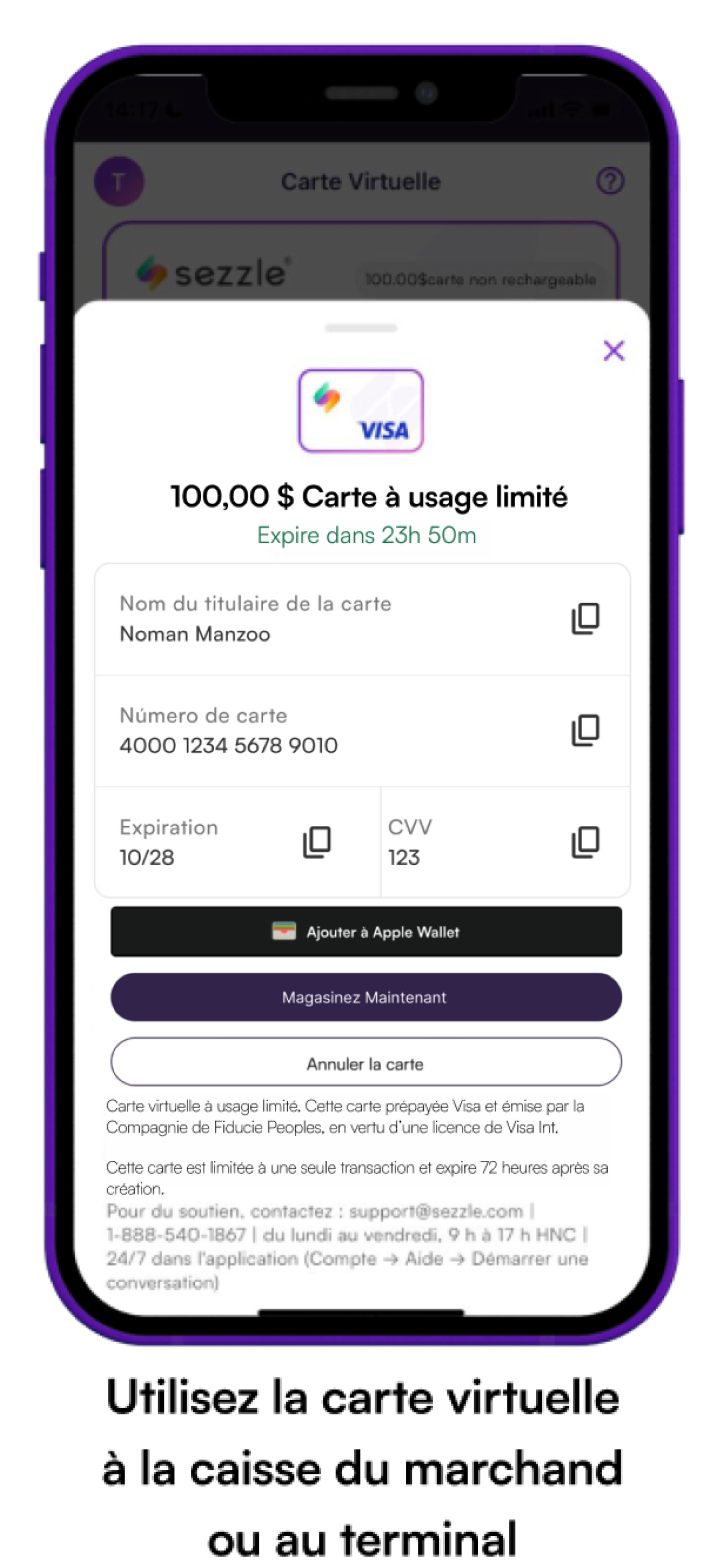Phone screen showing the approved requested purchase amount. "Use the Virtual Card at merchant checkout or terminal"