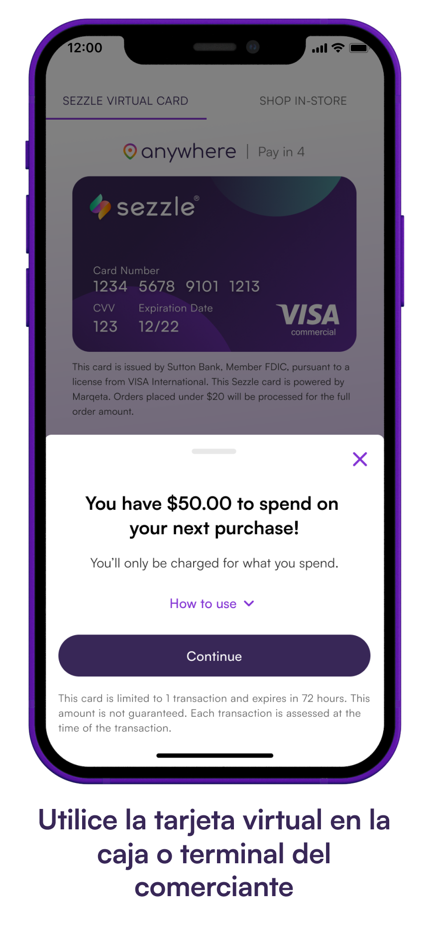 Phone screen showing the approved requested purchase amount. "Use the Virtual Card at merchant checkout or terminal"