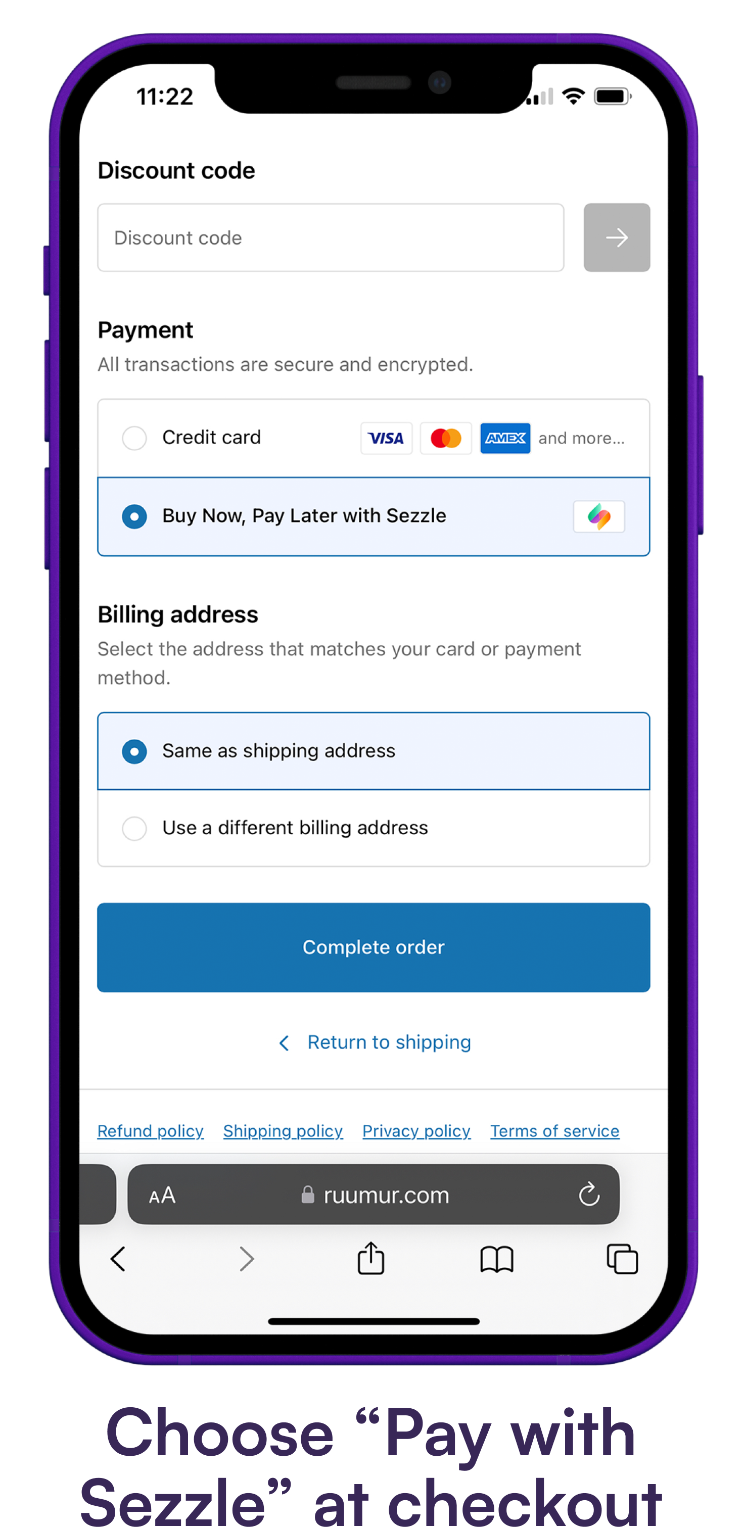 Phone screen showing Sezzle gateway option on a checkout page
