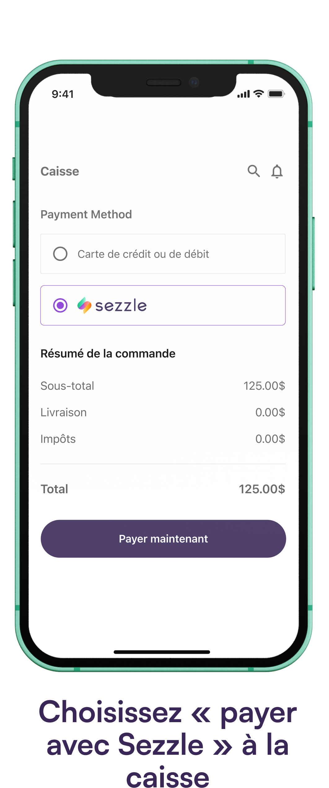 Phone screen showing Sezzle gateway option on a checkout page