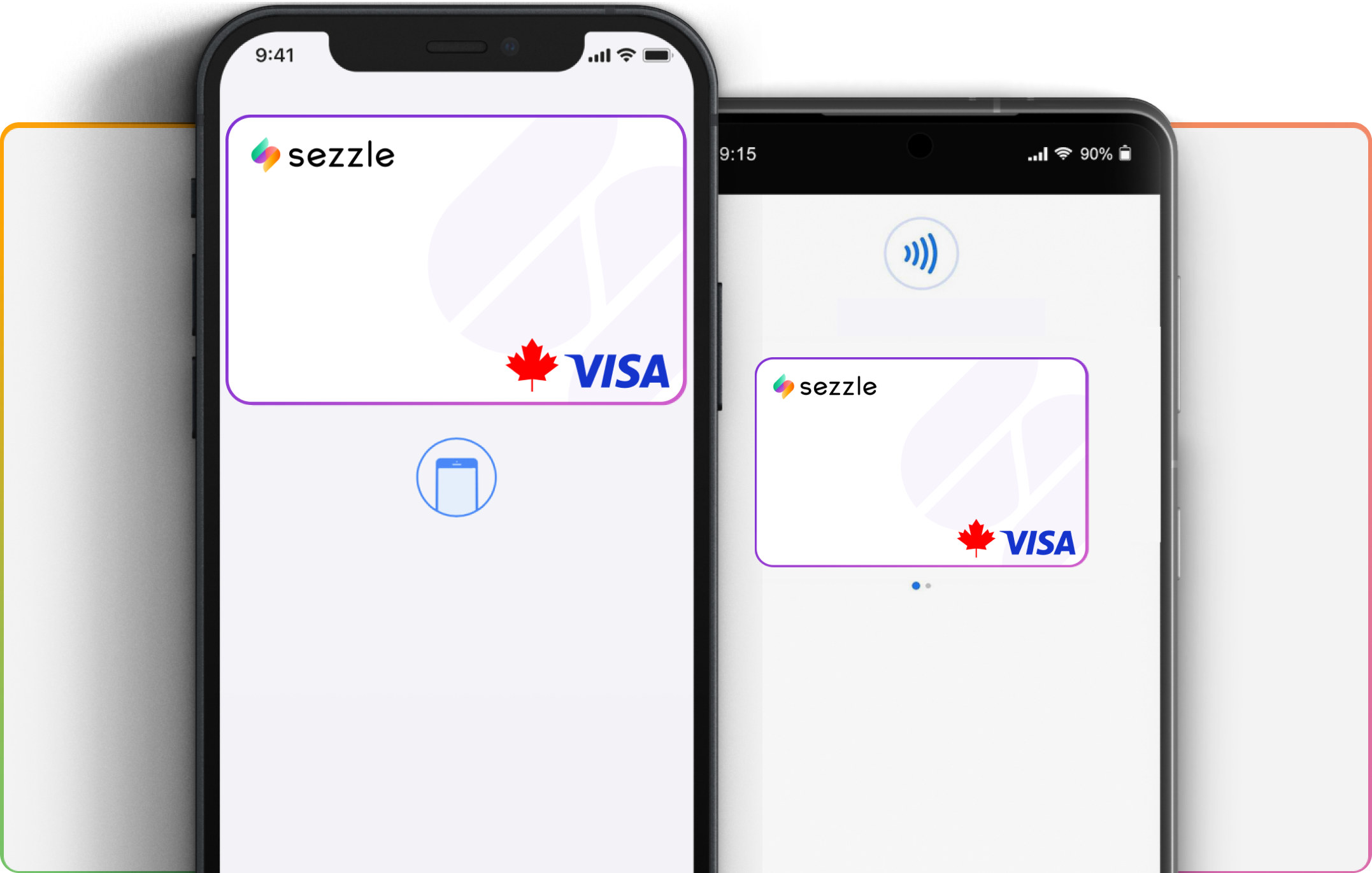 Two phone screens showing the Sezzle Virtual Card tapping to pay. 