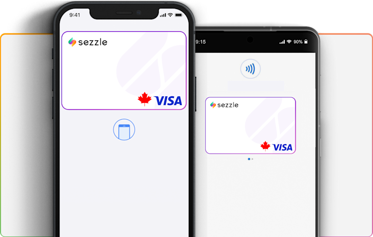 Two phone screens showing the Sezzle Virtual Card tapping to pay.