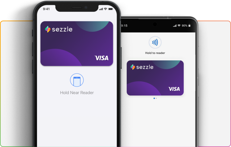 Two phone screens showing the Sezzle Virtual Card tapping to pay.