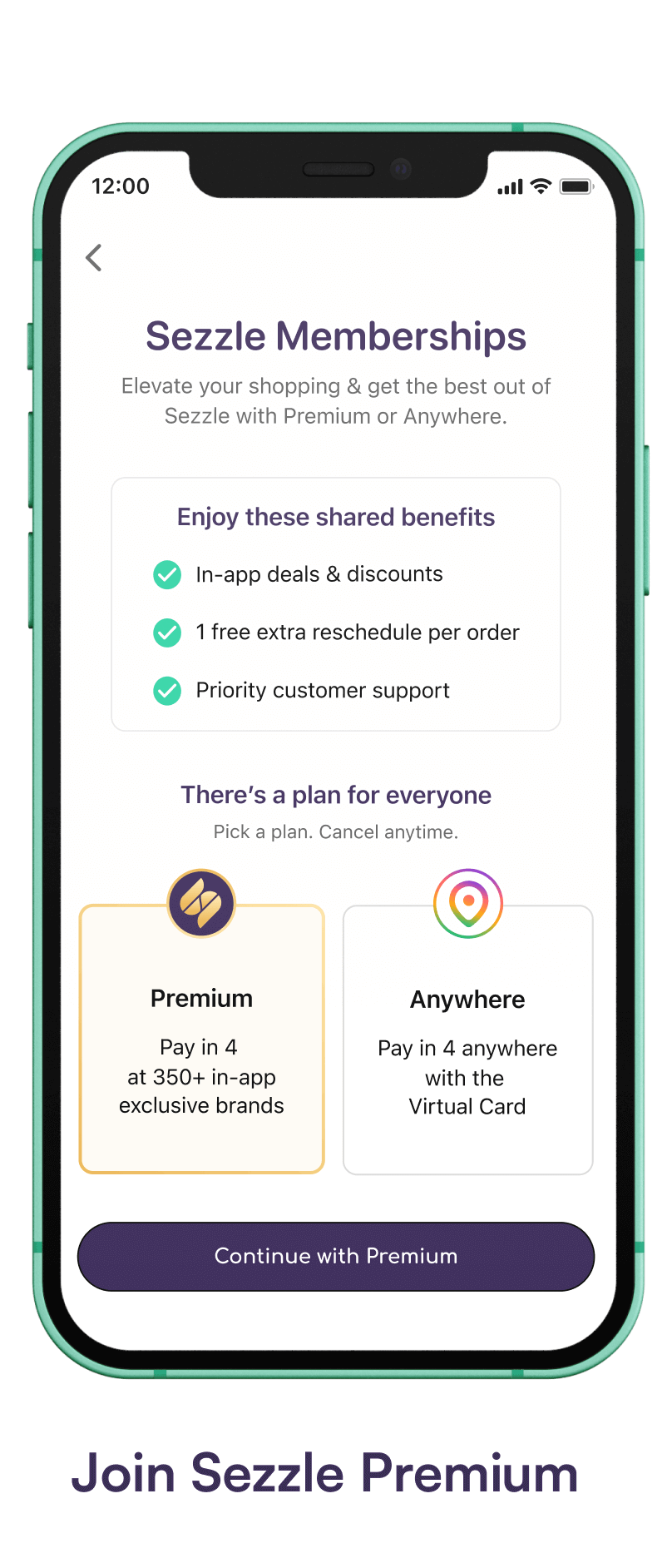 Phone screen showing the join Premium screen.