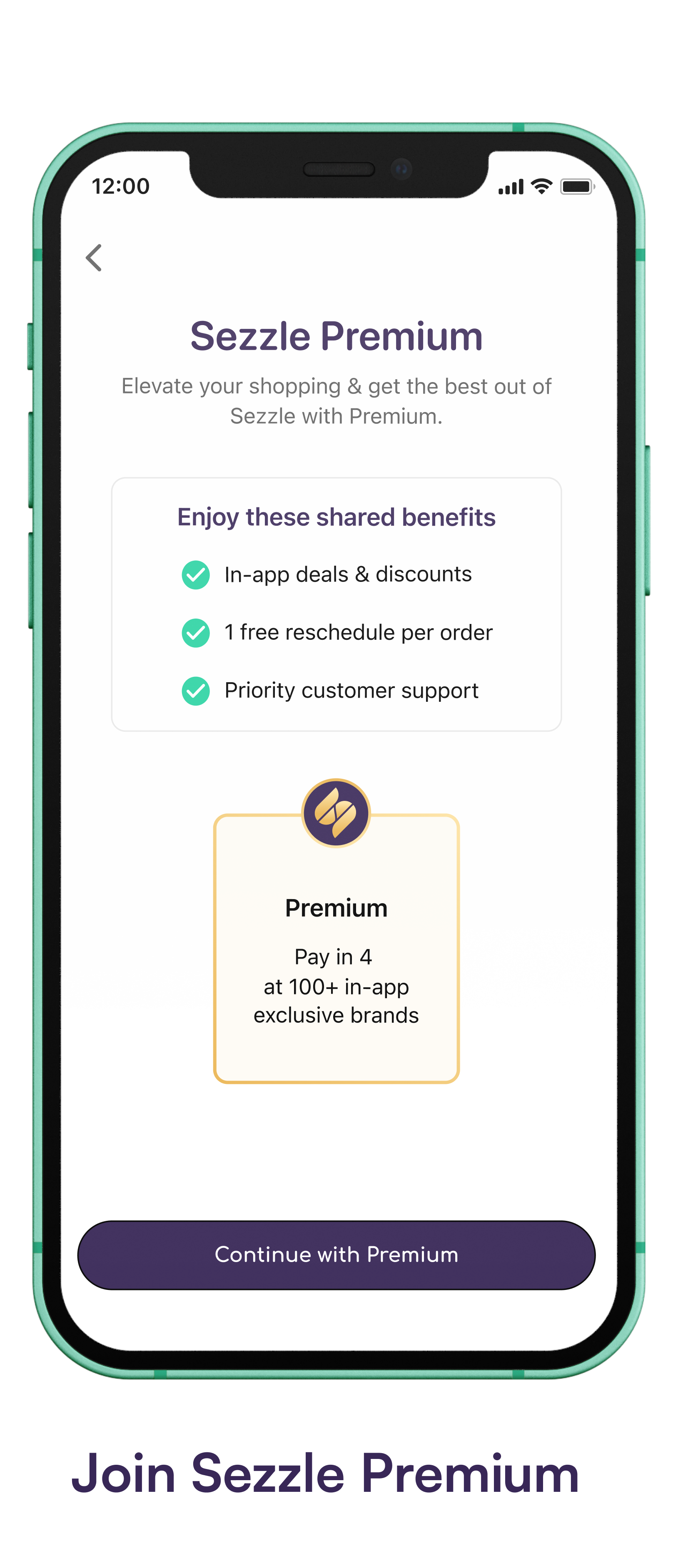 Phone screen showing the join Premium screen.