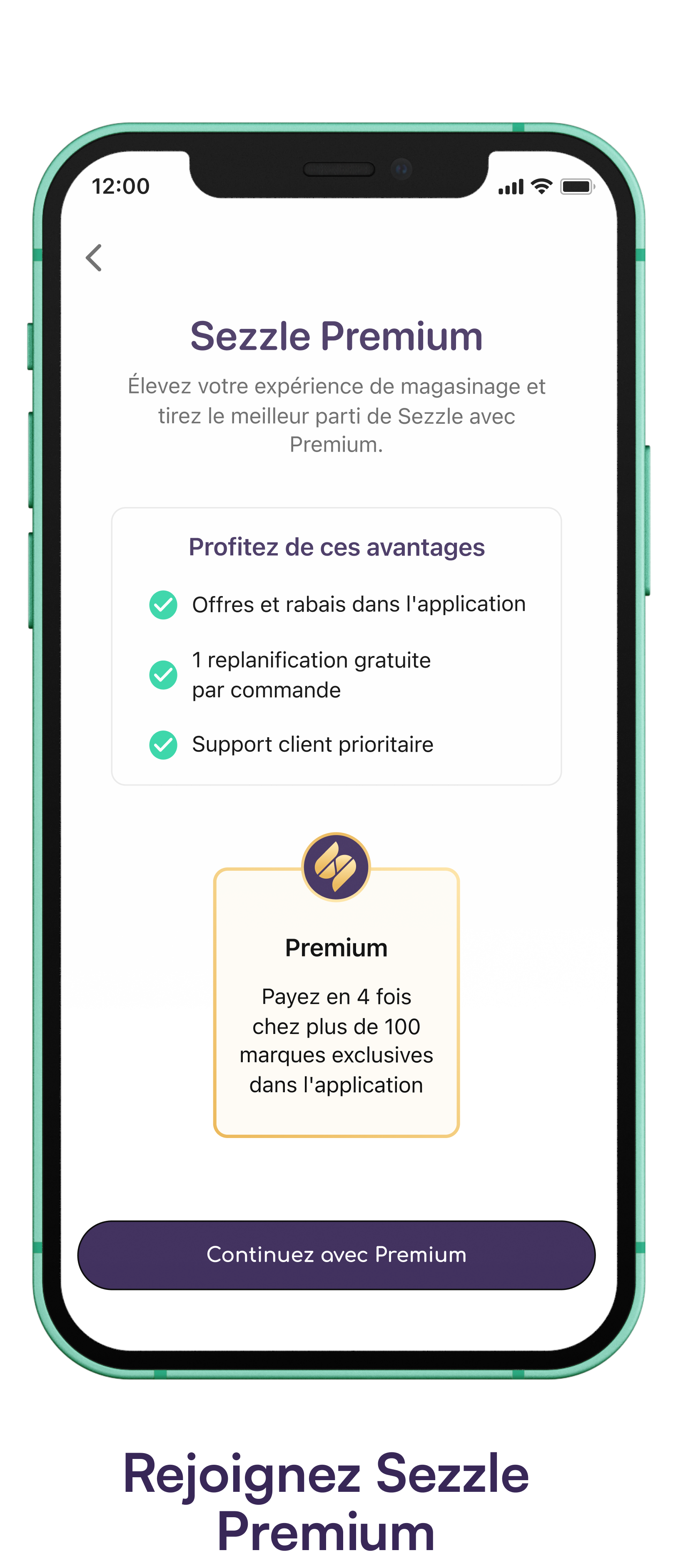 Écran du téléphone affichant l’écran de participation Premium.