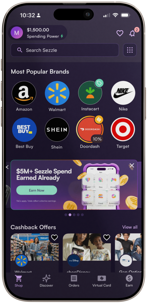 Sezzle app showing shopping interface