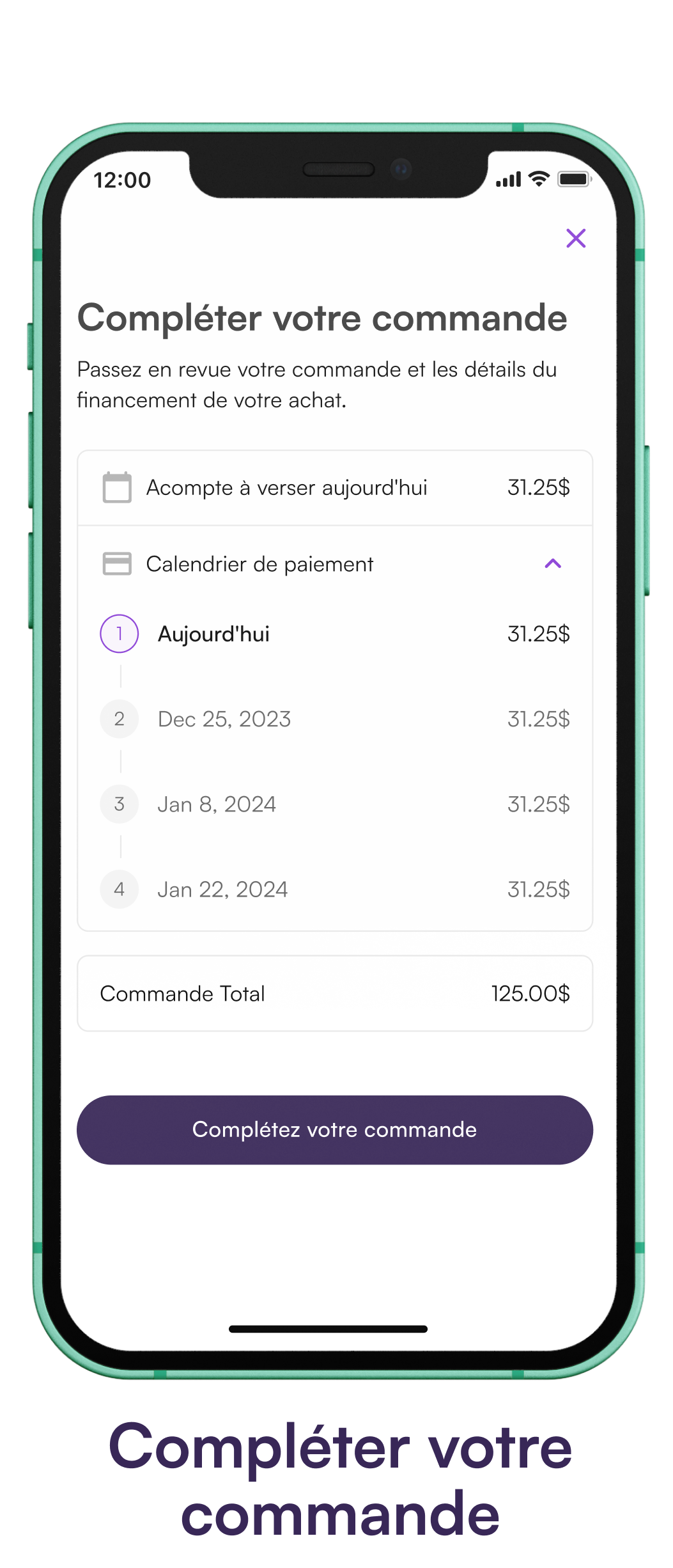 Phone screen showing the pay in 4 payment schedule and complete order screen