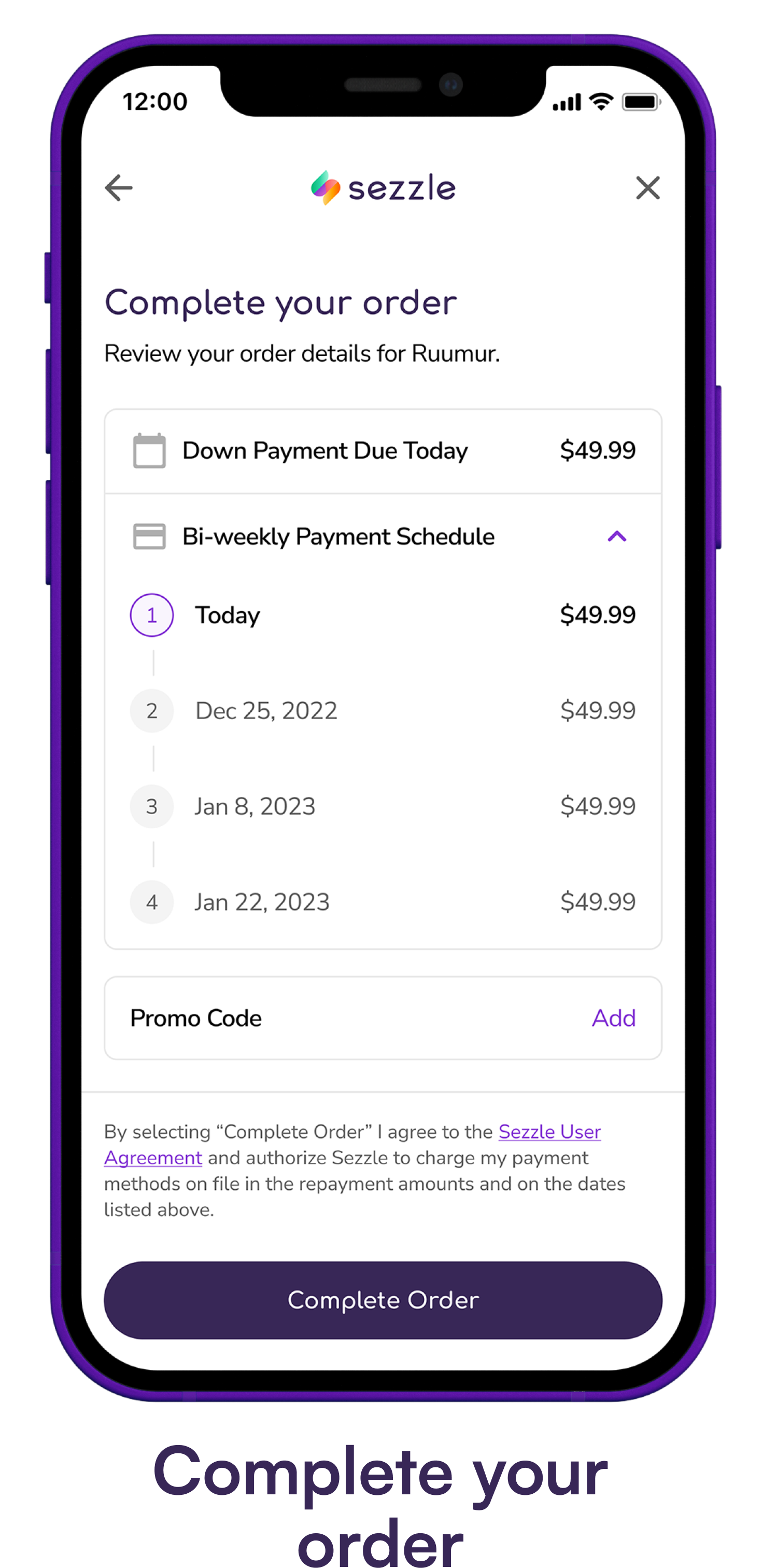 Phone screen showing the pay in 4 payment schedule and complete order screen