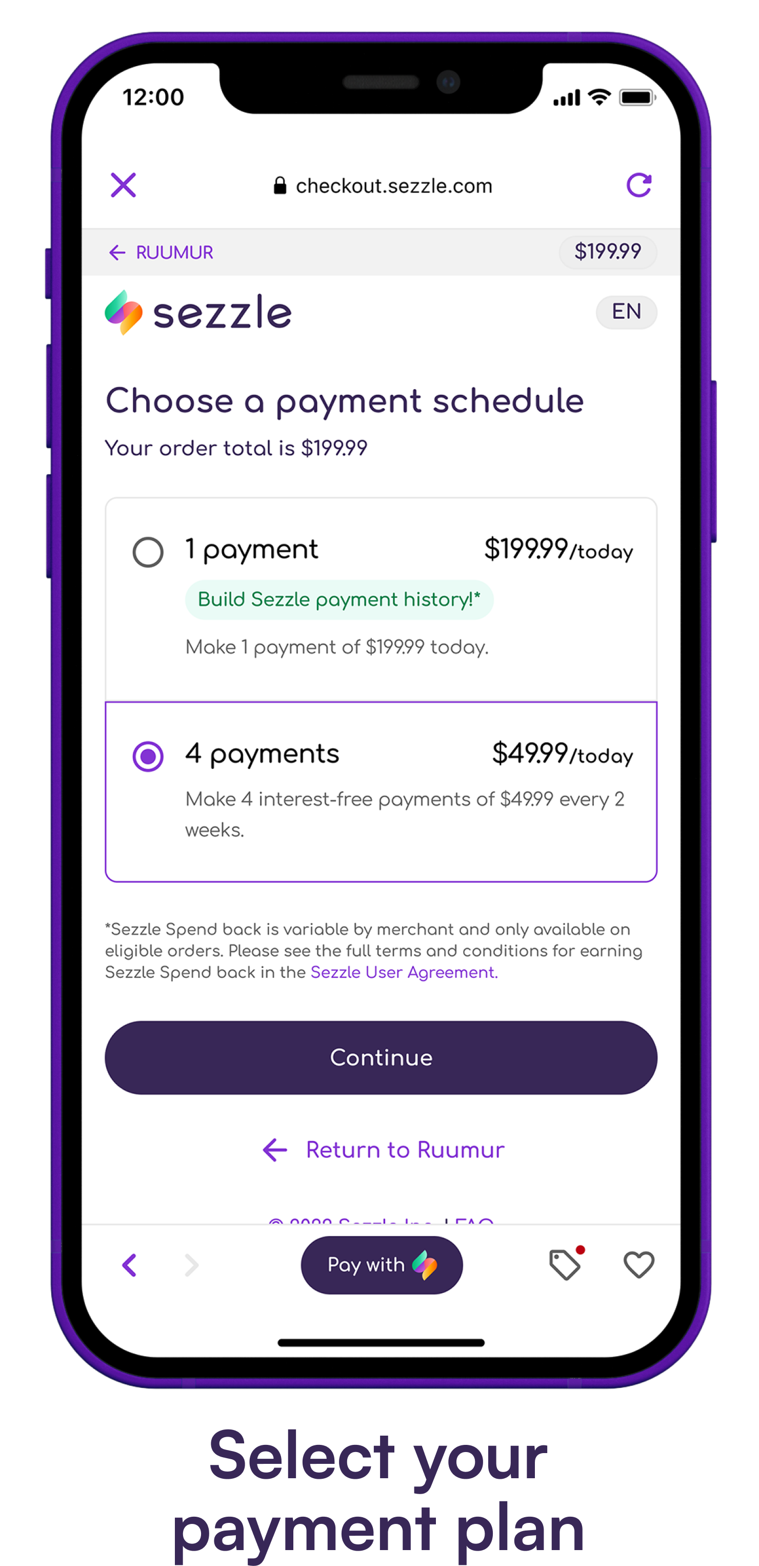 Phone screen showing the different Sezzle interest-free payment plans