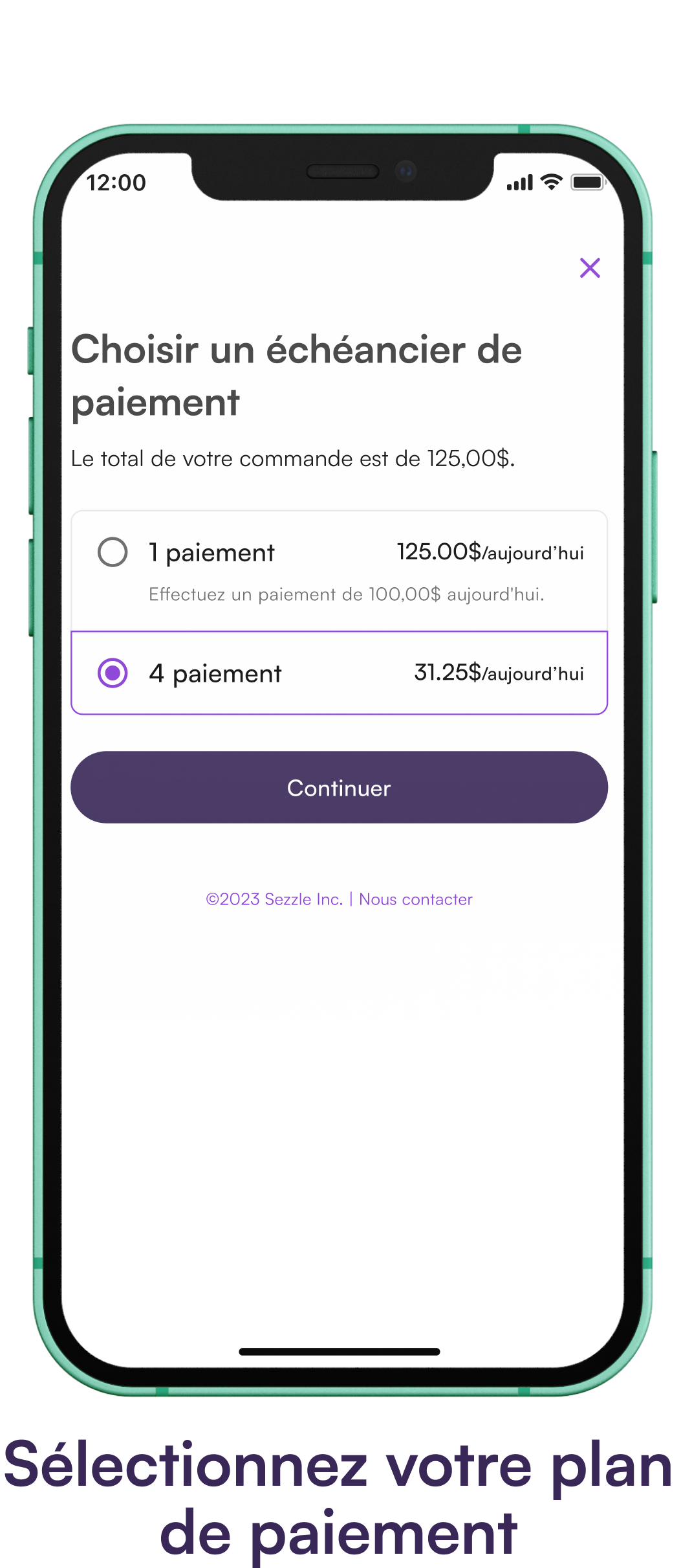 Phone screen showing the different Sezzle interest-free payment plans