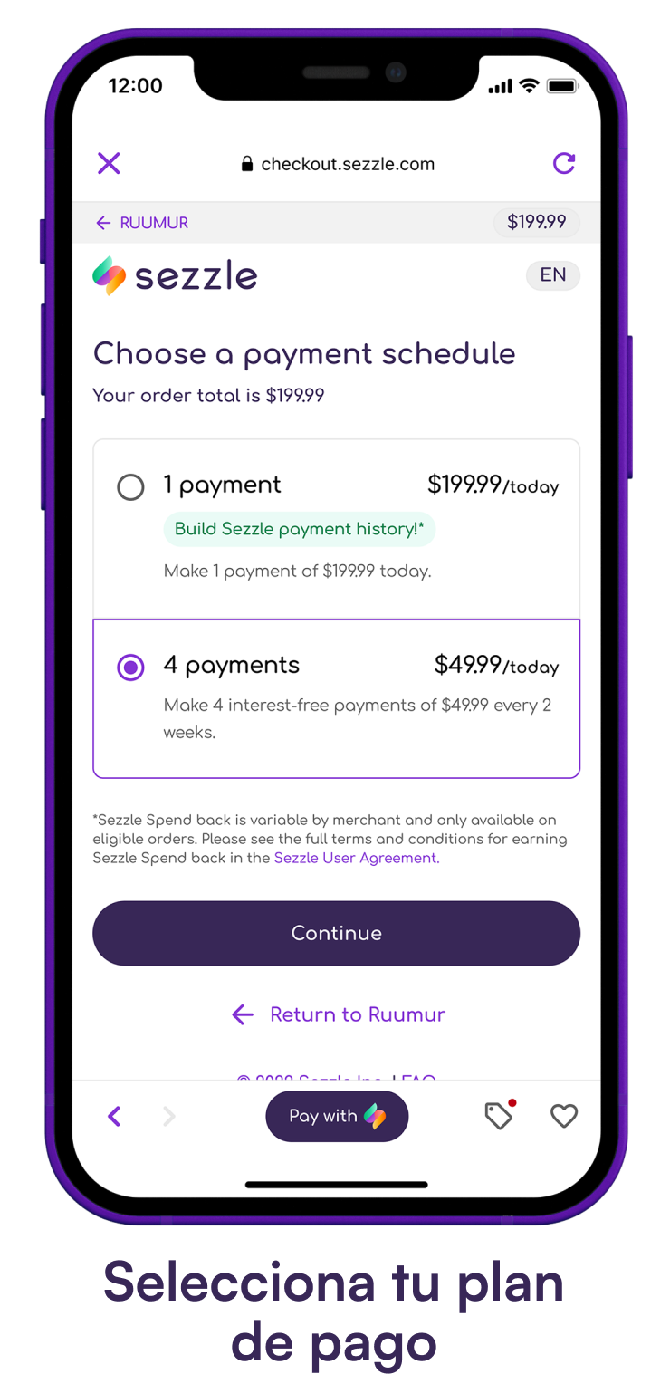 Phone screen showing the different Sezzle interest-free payment plans