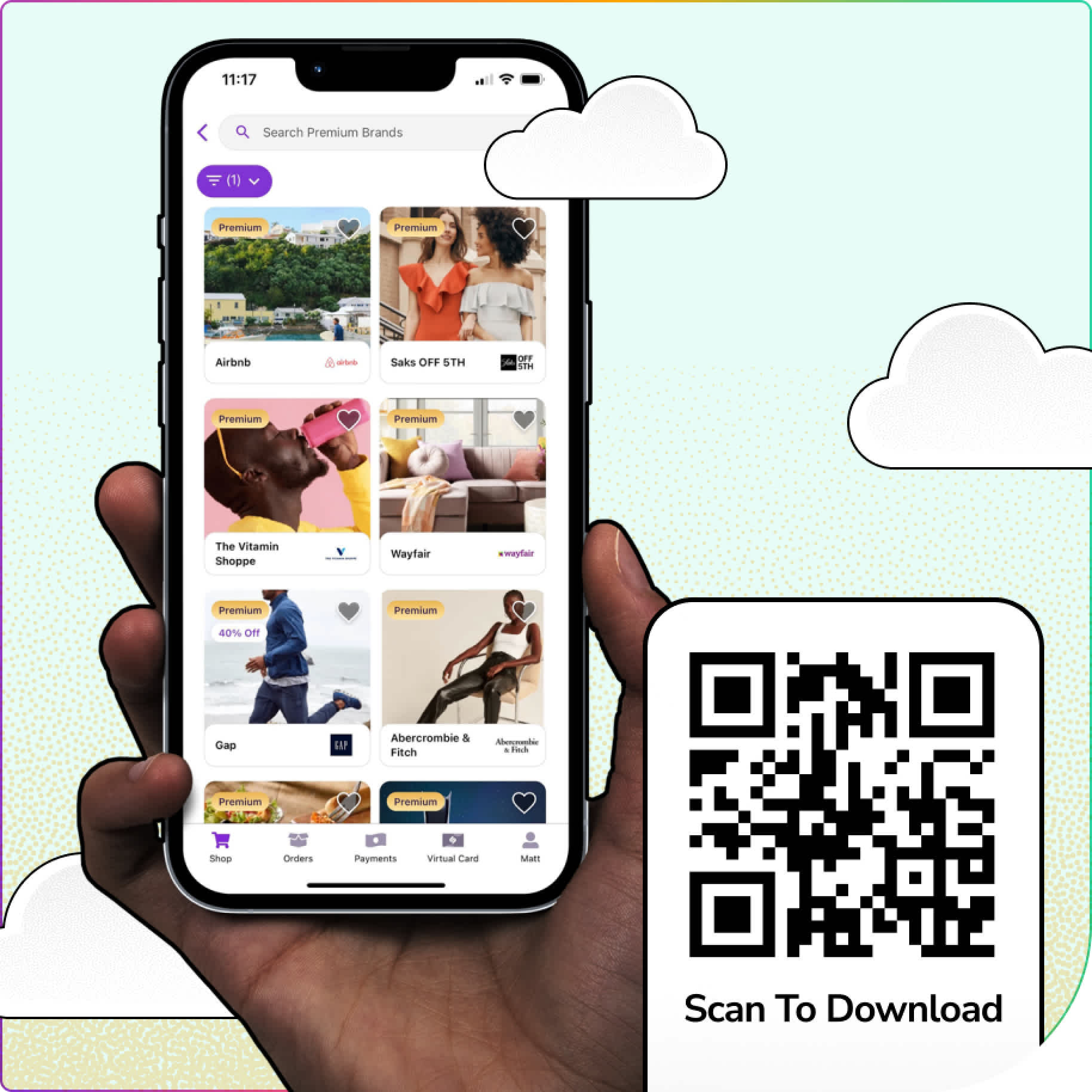 Ръчно държане на телефон, показващ приложението Sezzle, показващо марки с изтегляне на Sezzle App QR код