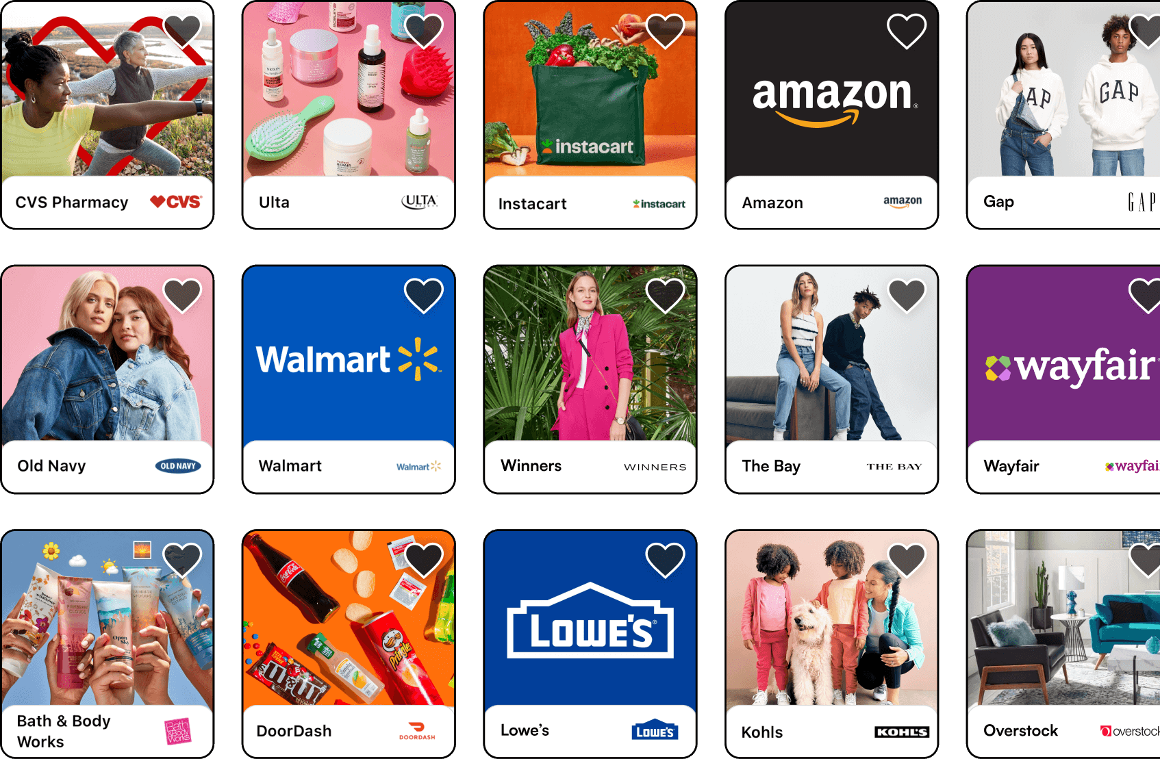 Display of 15 brands including CVS Pharmacy, Ulta, Instacart, Amazon, Gap, Old Navy, Walmart, and more.