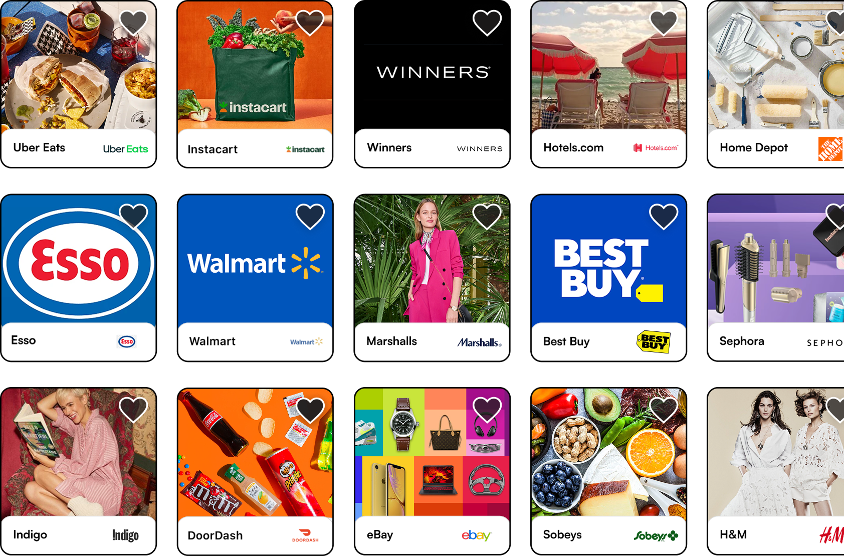 Display of 15 brands including CVS Pharmacy, Ulta, Instacart, Amazon, Gap, Old Navy, Walmart, and more.