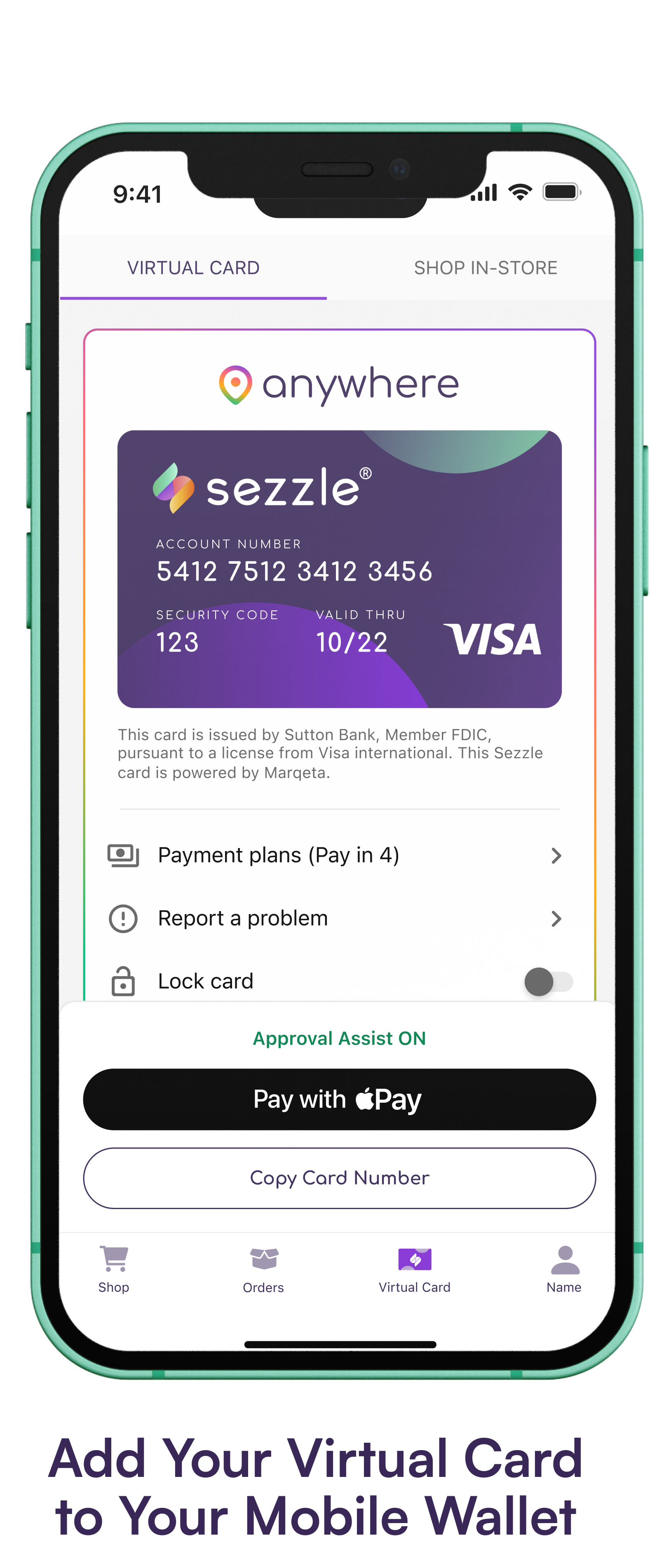 Phone screen showing Sezzle Virtual Card in Sezzle app.
