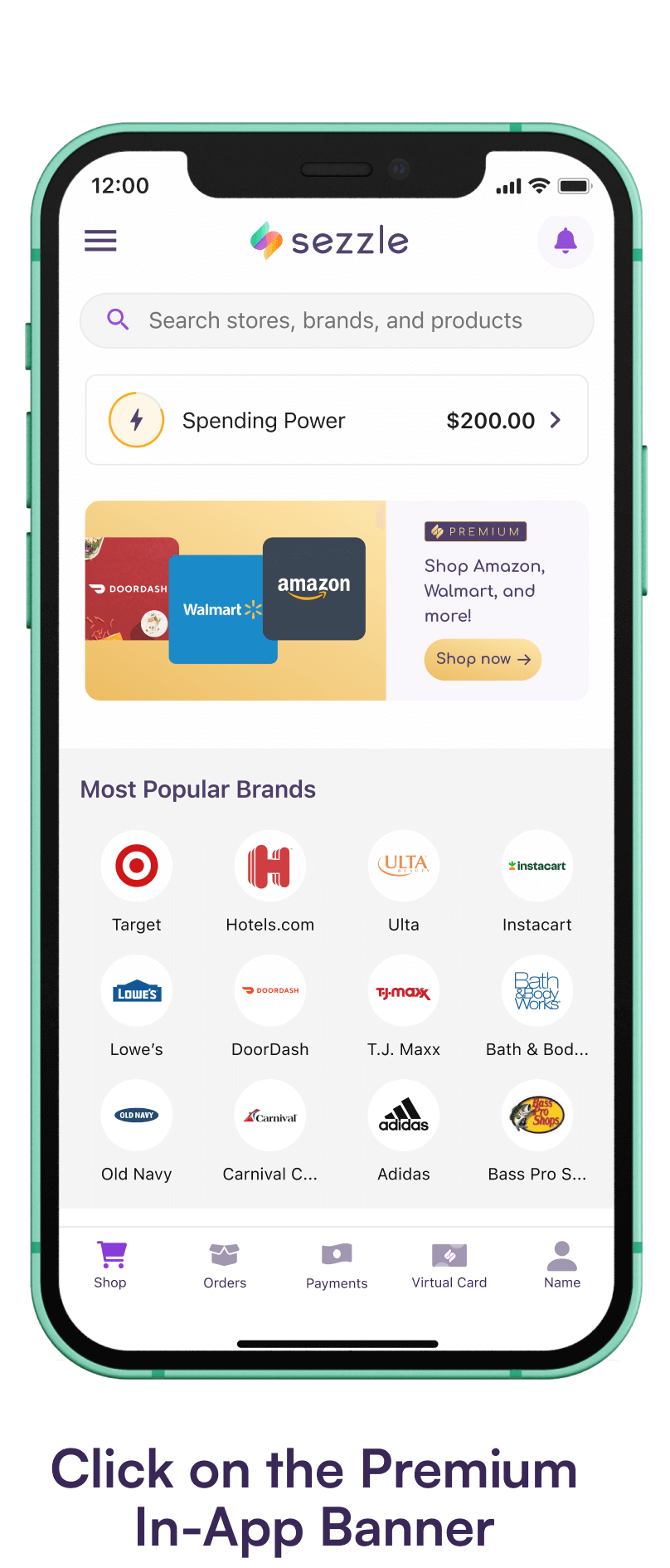 Phone screen showing the Sezzle shop tab with a Premium banner.