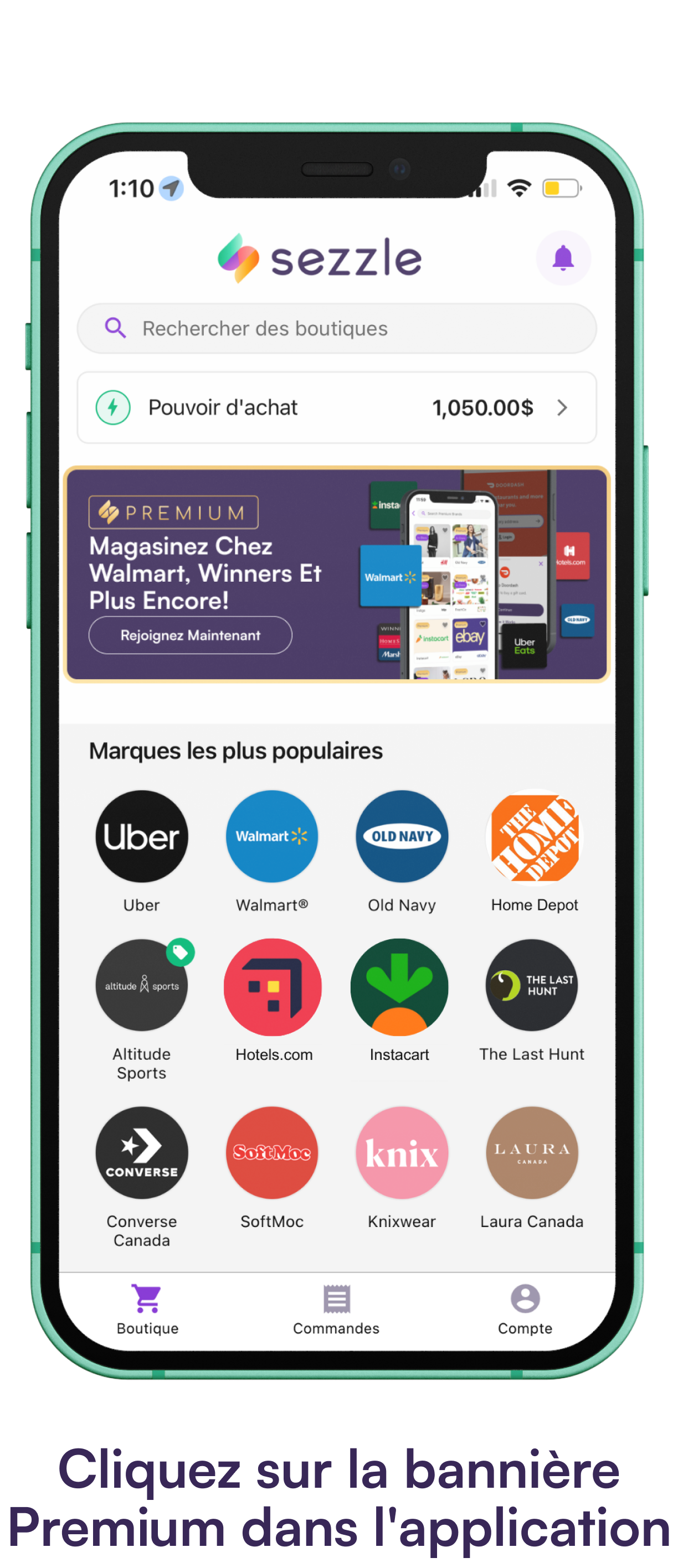 Écran du téléphone affichant l'onglet de la boutique Sezzle avec une bannière Premium.