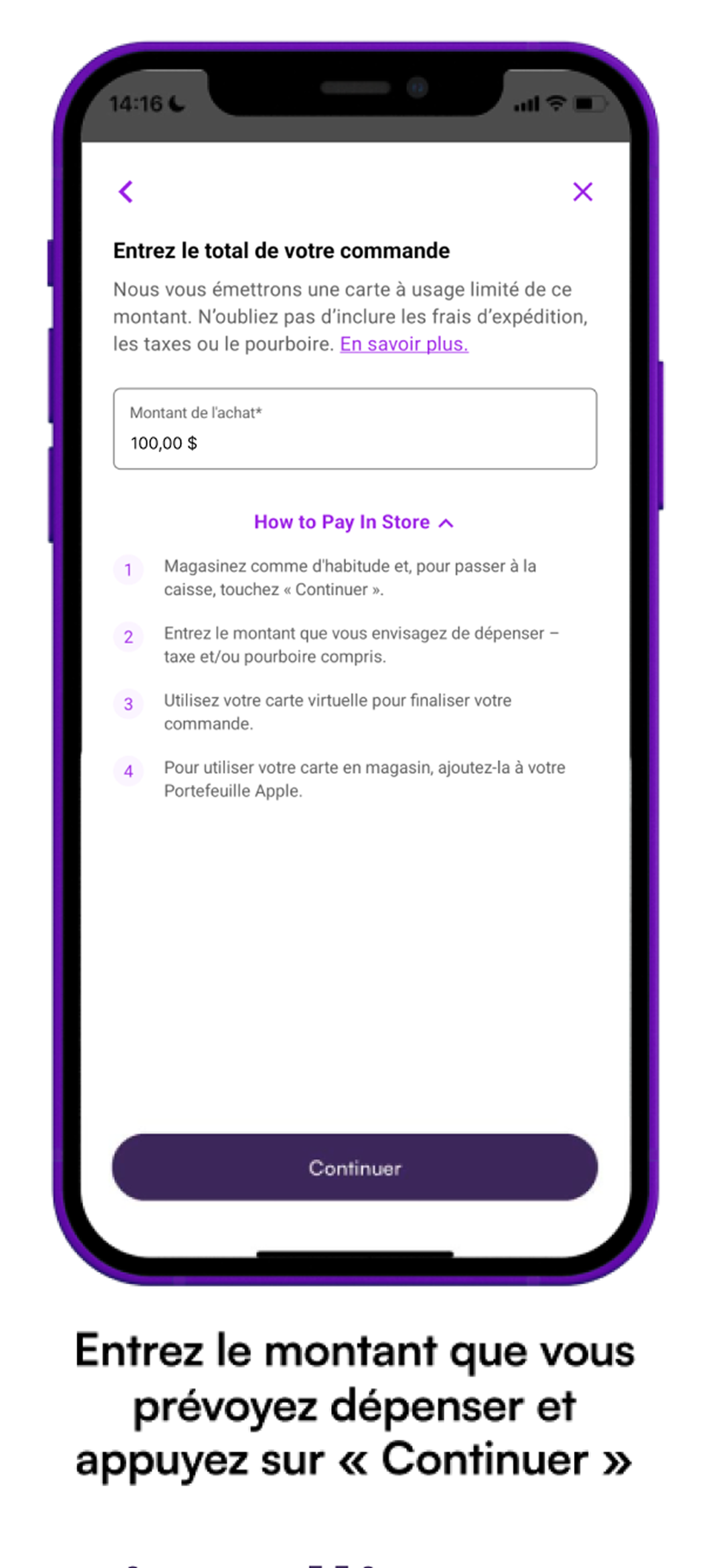 Phone screen showing the make a purchase request step. "Enter the amount you plan to spend and tap 'Continue'"
