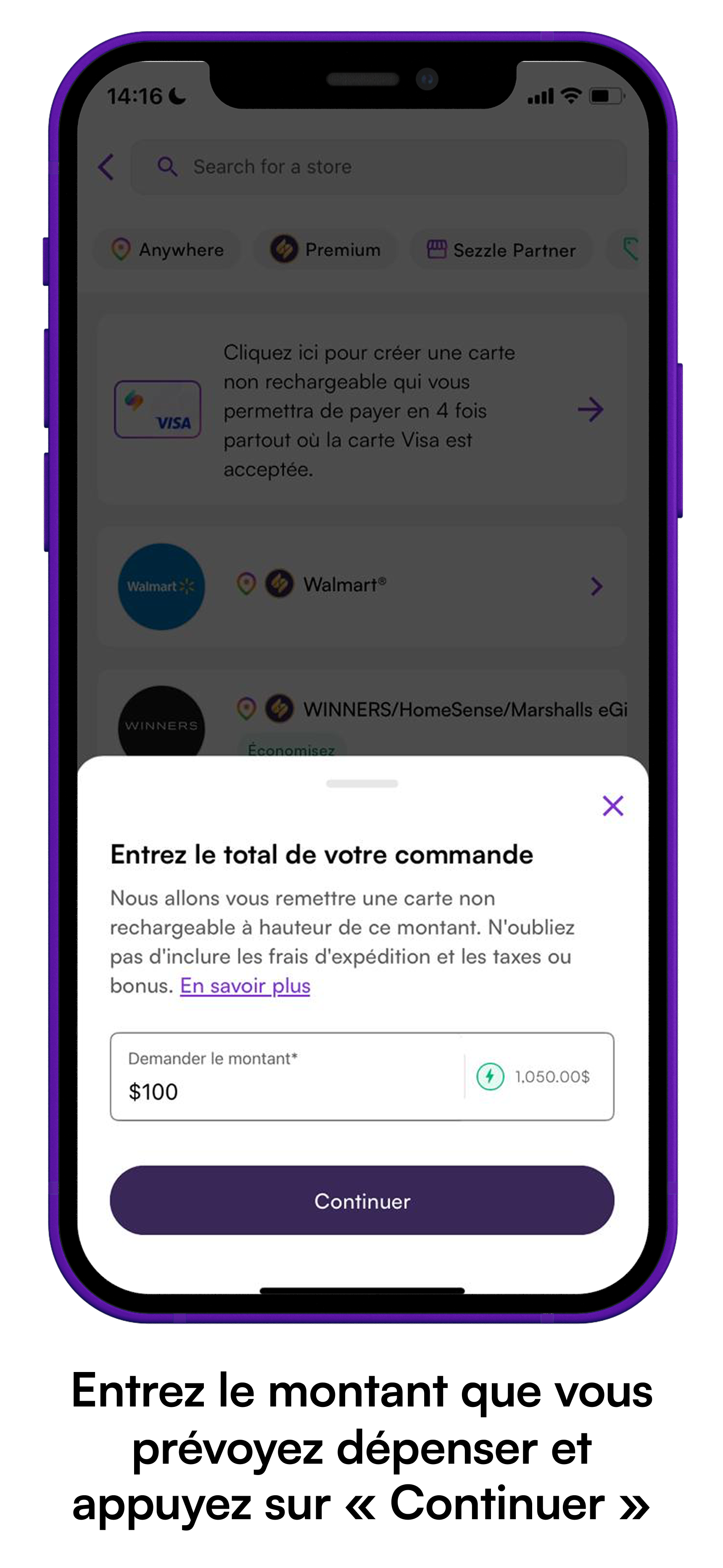 Phone screen showing the make a purchase request step. "Enter the amount you plan to spend and tap 'Continue'"