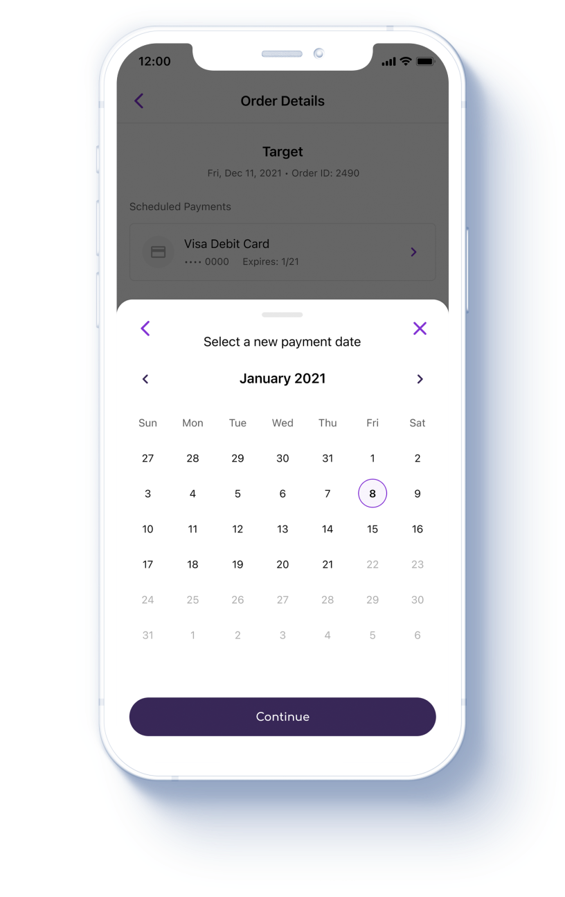 Image d'un écran de téléphone affichant l'onglet Paiements dans l'application Sezzle