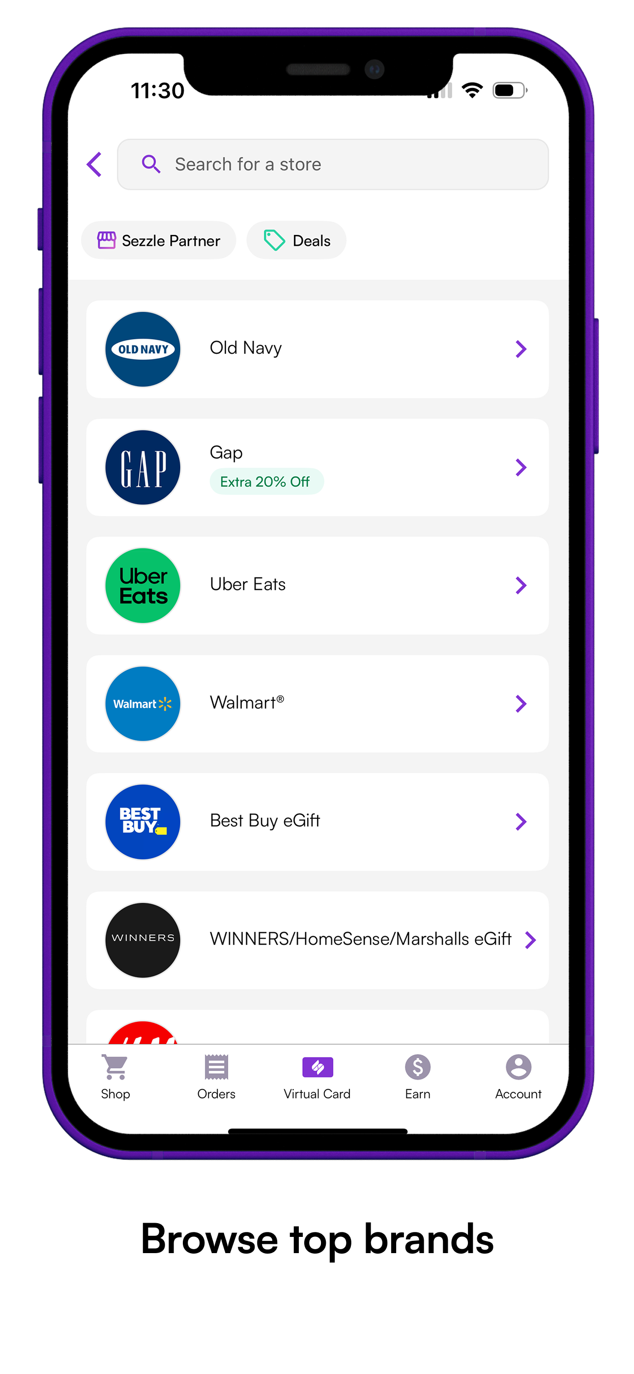 Phone screen showing the shopping webview in the Sezzle app. "Click a store in the Sezzle app and tap 'Pay with Sezzle'"