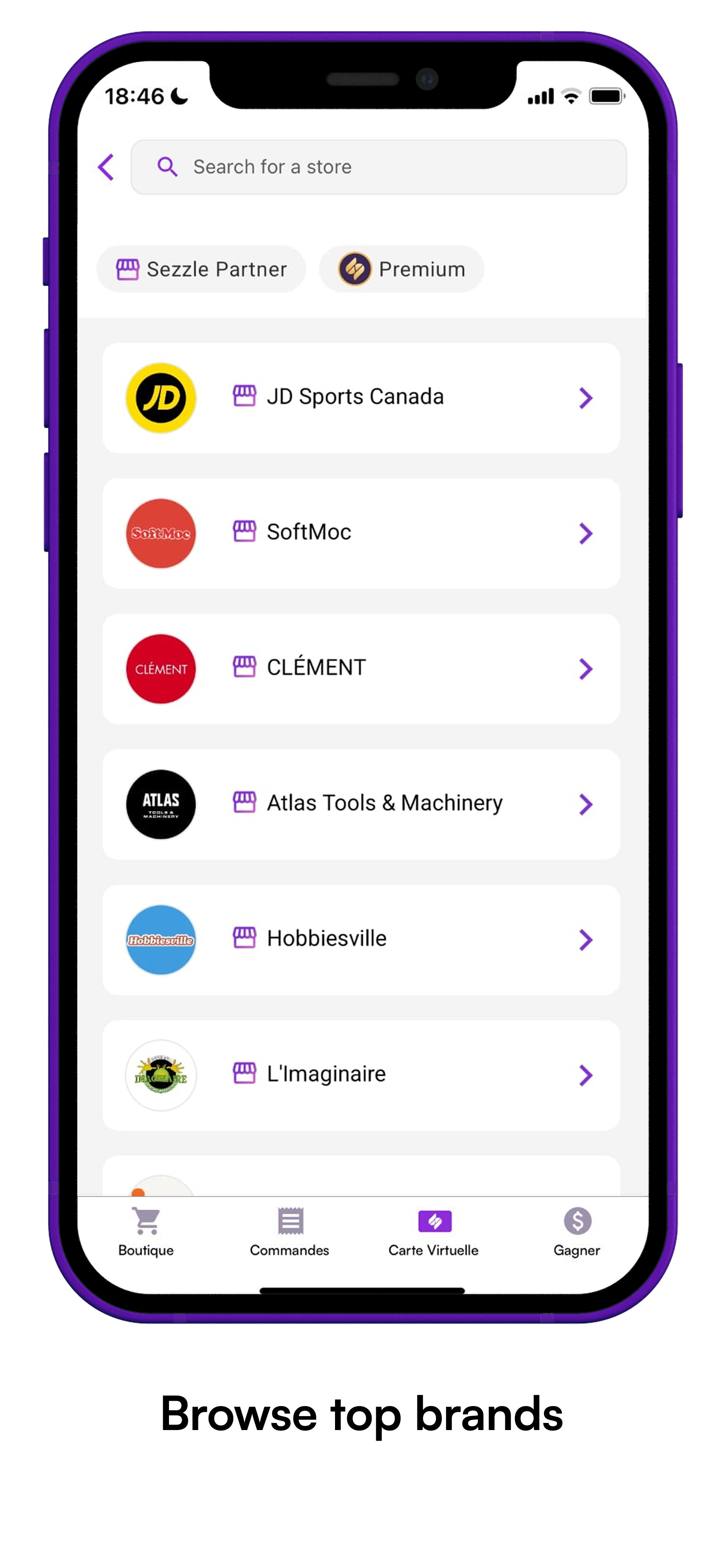 Phone screen showing the shopping webview in the Sezzle app. "Click a store in the Sezzle app and tap 'Pay with Sezzle'"