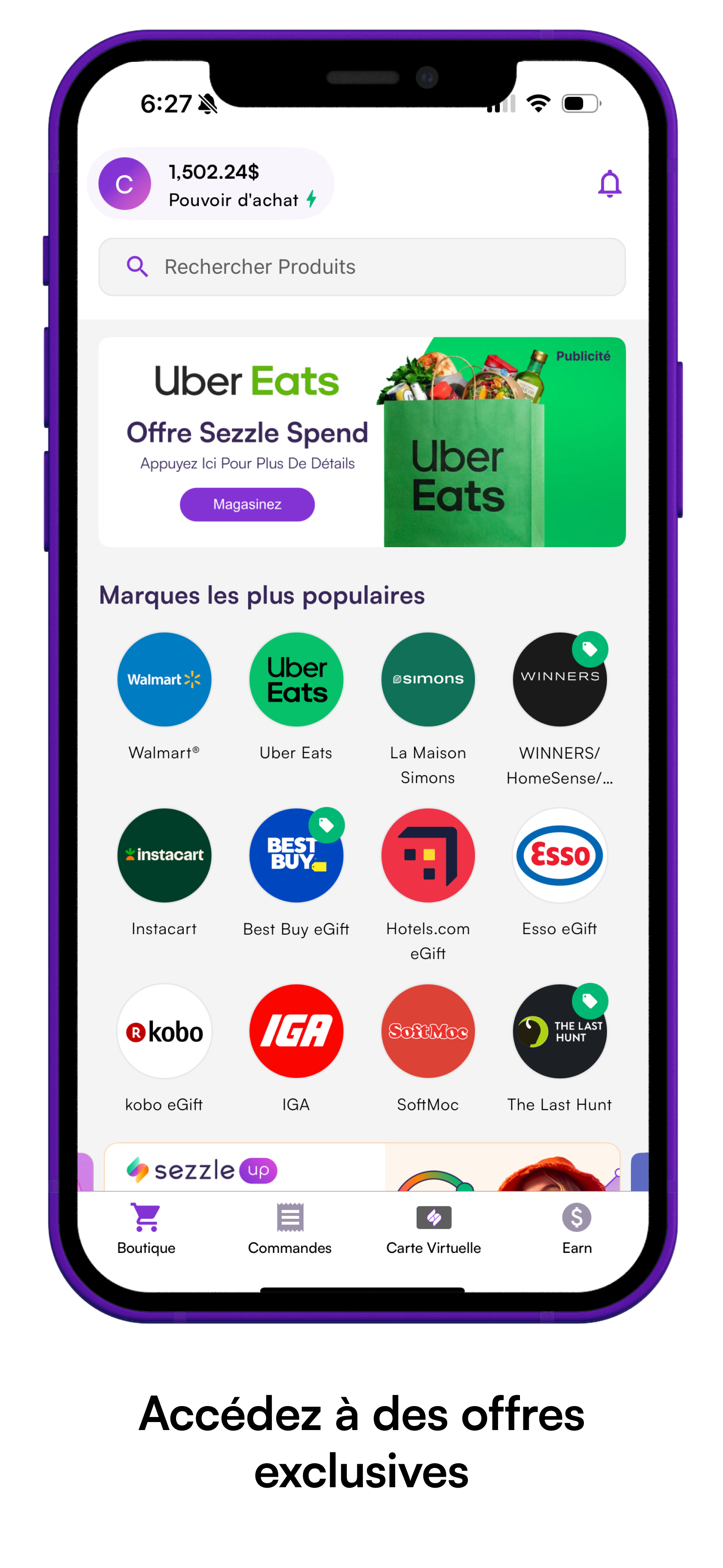 Phone screen showing the loan terms for using the Sezzle Virtual Card. "Read loan terms and continue if agreed"