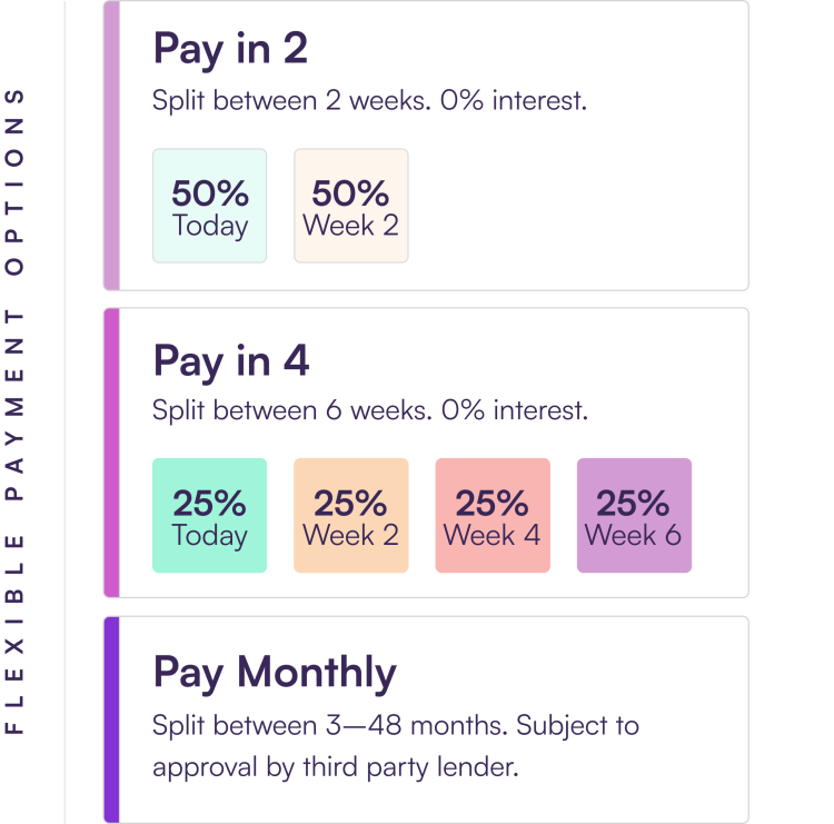 Flexibly Payment Options. Pay in 2 over 2 weeks at 0% interest, pay in 4 over 6 weeks at 9% interest, or pay monthly between 3-48 months.