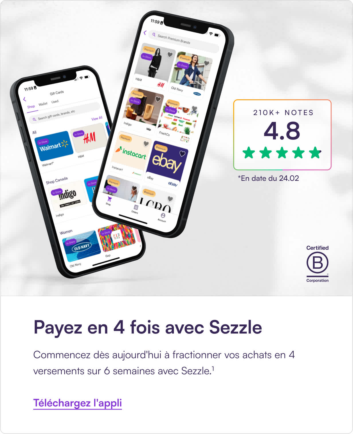 Sezzle vous permet d'acheter maintenant et de payer plus tard ! Faites vos achats maintenant, obtenez ce dont vous avez besoin, et payez plus tard en 4 versements sans intérêt sur six semaines.
