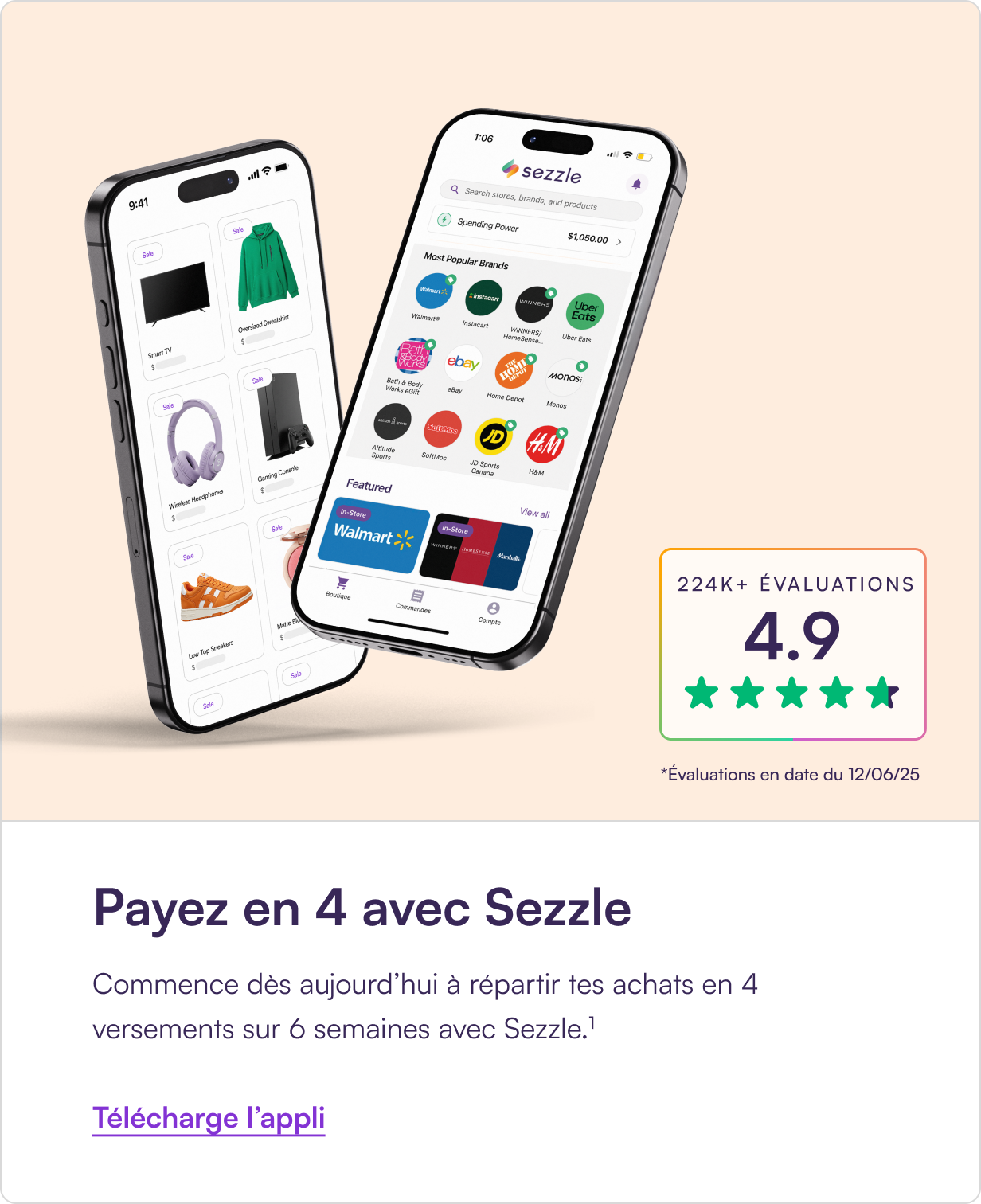 Sezzle vous permet d'acheter maintenant et de payer plus tard ! Faites vos achats maintenant, obtenez ce dont vous avez besoin, et payez plus tard en 4 versements sans intérêt sur six semaines.