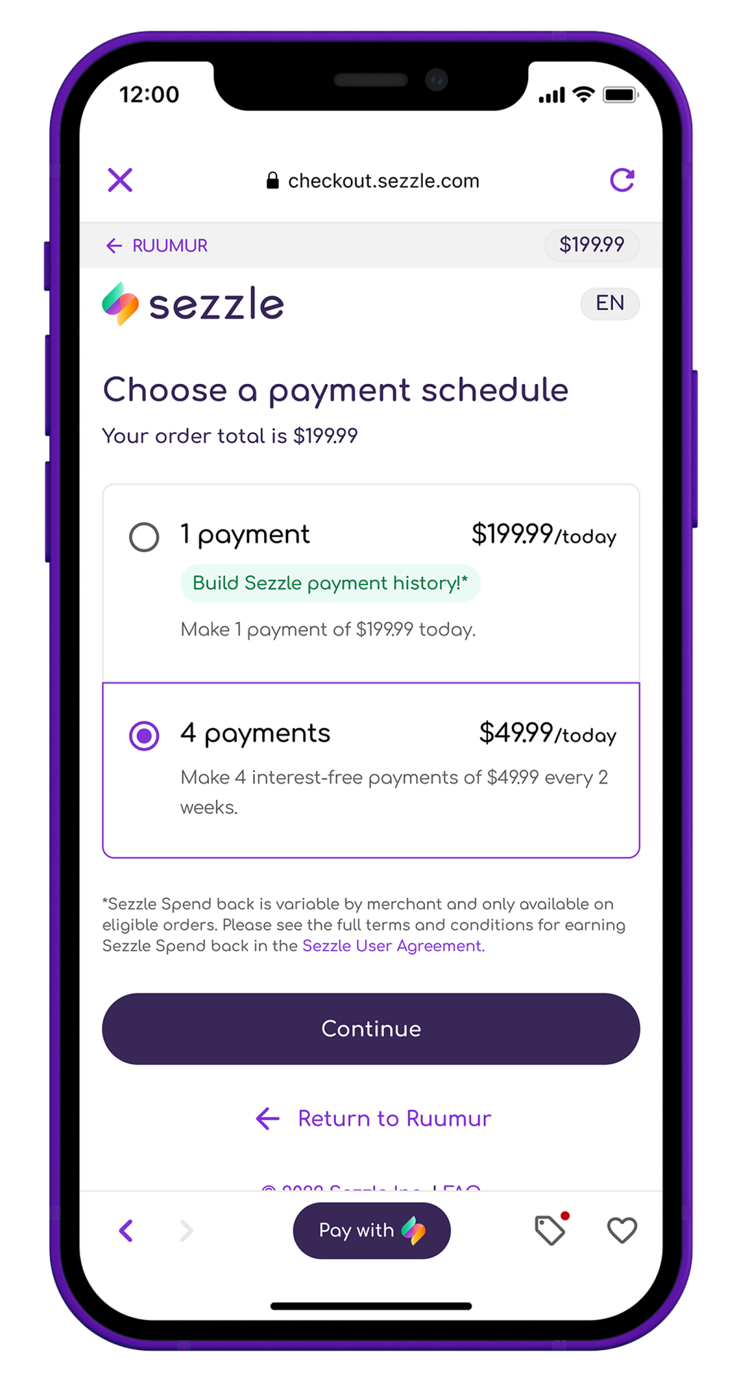 Phone screen showing the different Sezzle interestfree payment plans