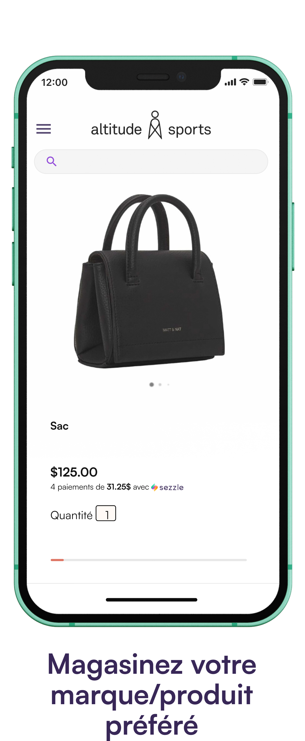 Phone screen showing a product with the Sezzle pay in 4 widget