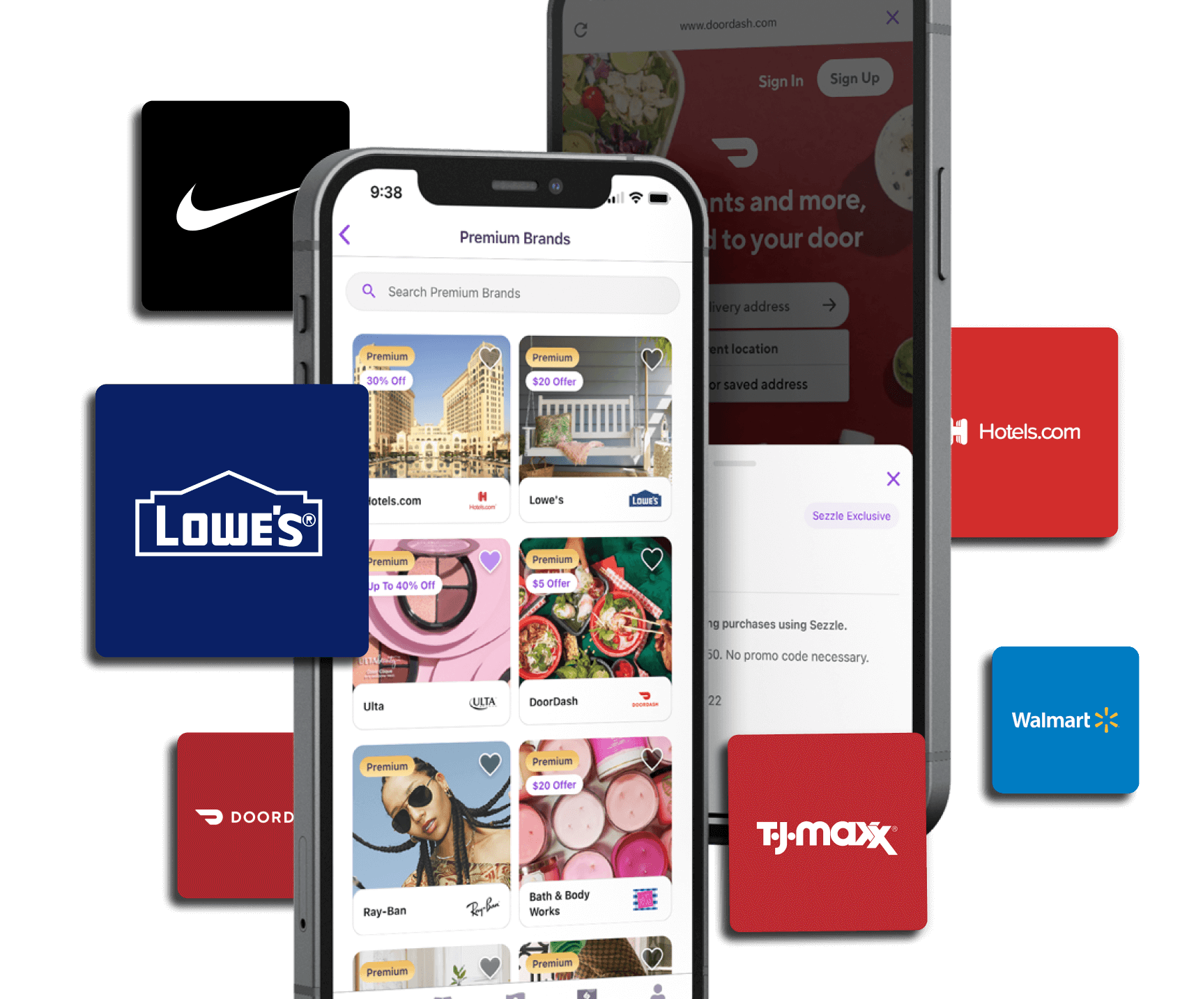Several Sezzle Premium brands including Nike, Lowe's, Hotels.com, DoorDash, TJ Maxx, and Walmart.