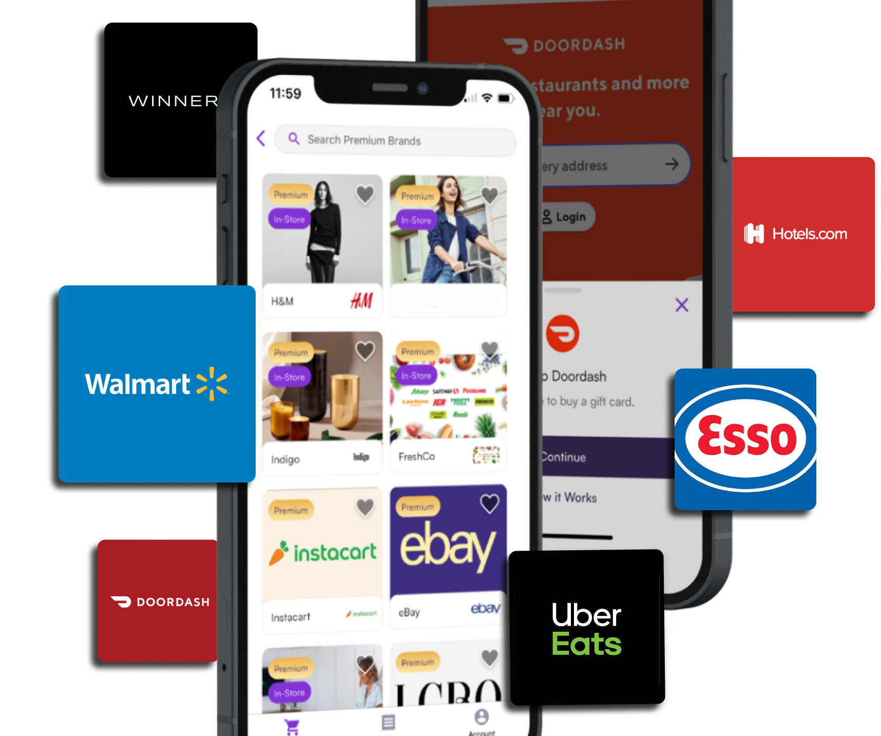 Several Sezzle Premium brands including Home Depot, Walmart, Hotels.com, DoorDash, Winners, and Uber Eats..
