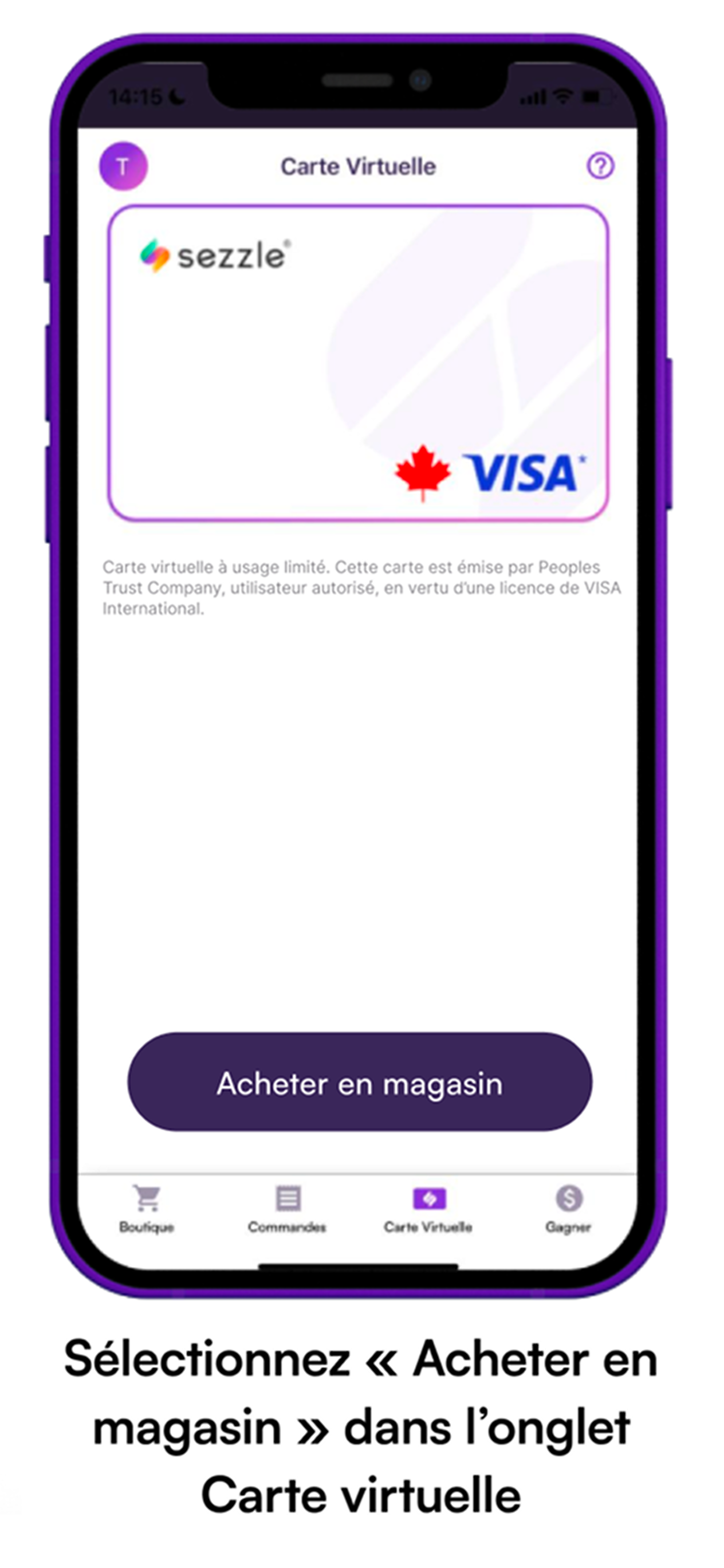 Écran de téléphone montrant comment rejoindre Sezzle Up : "Cliquez sur compte et sélectionnez Sezzle Up"