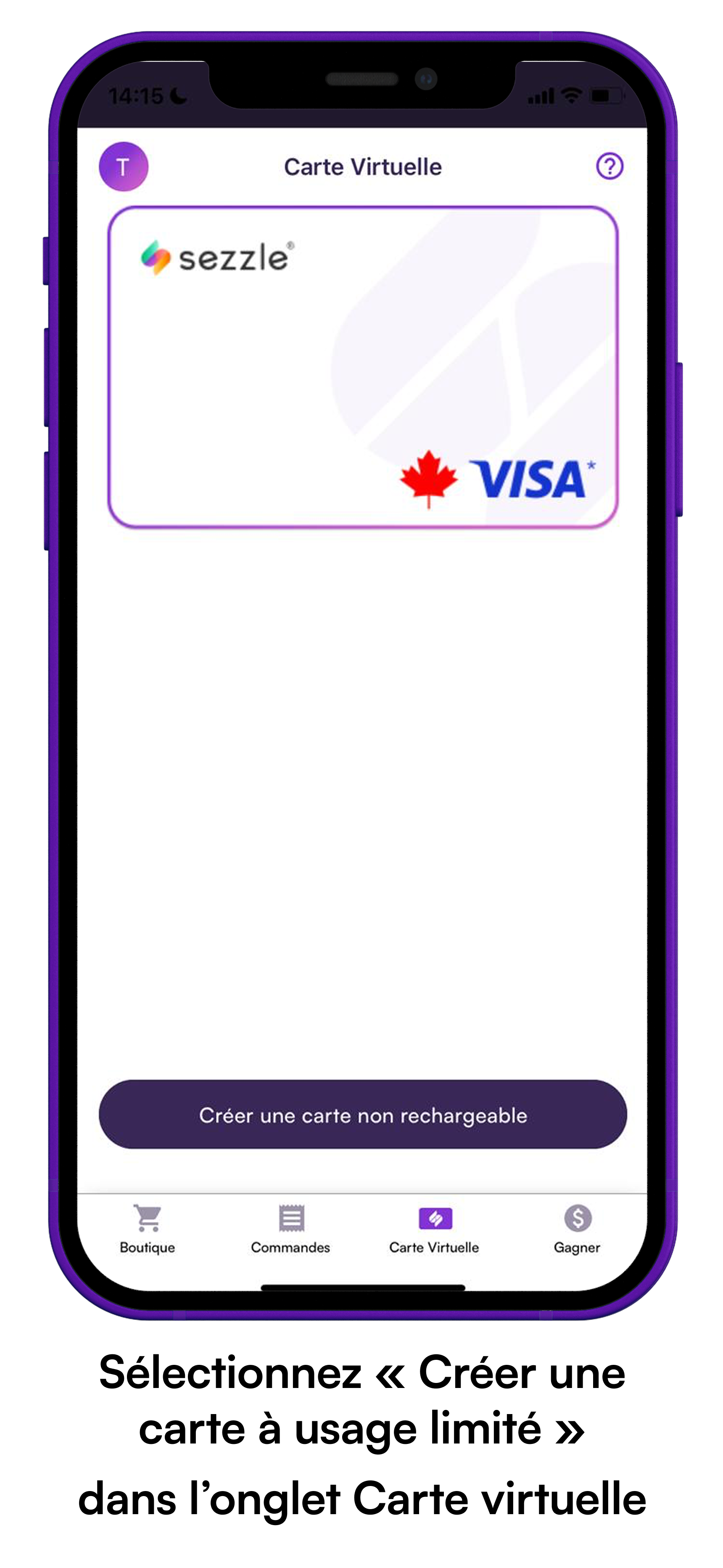 Écran de téléphone montrant comment rejoindre Sezzle Up : "Cliquez sur compte et sélectionnez Sezzle Up"